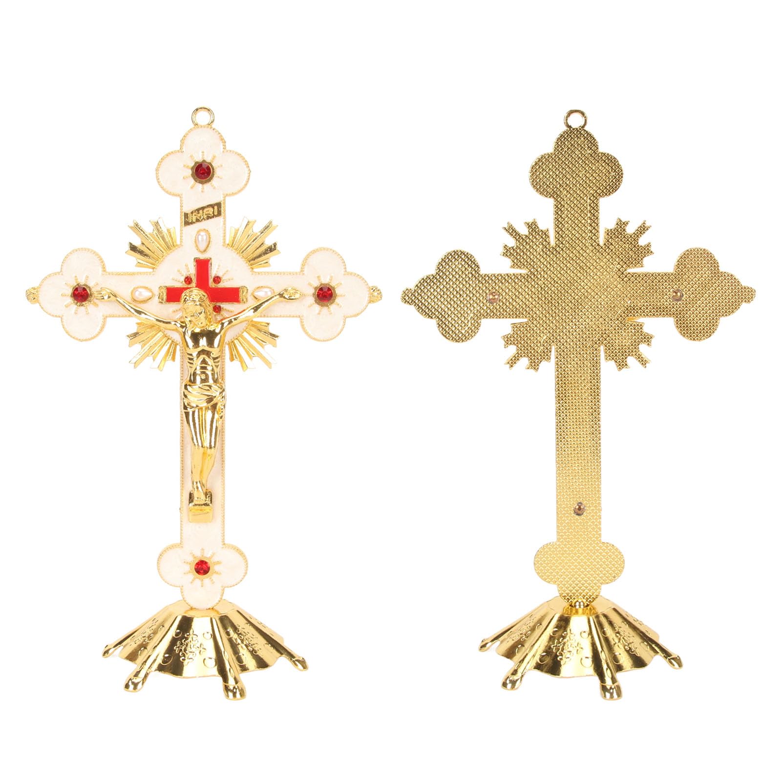 Fockety Stojący Krzyż Znakomity Metalowy Krzyż Stojący Elegancki Retro Retro Krzyż Krzyż Czerwony Rhinestone Dekoracji Z Podstawą Katolicki Krzyż Jezusa Długotrwały