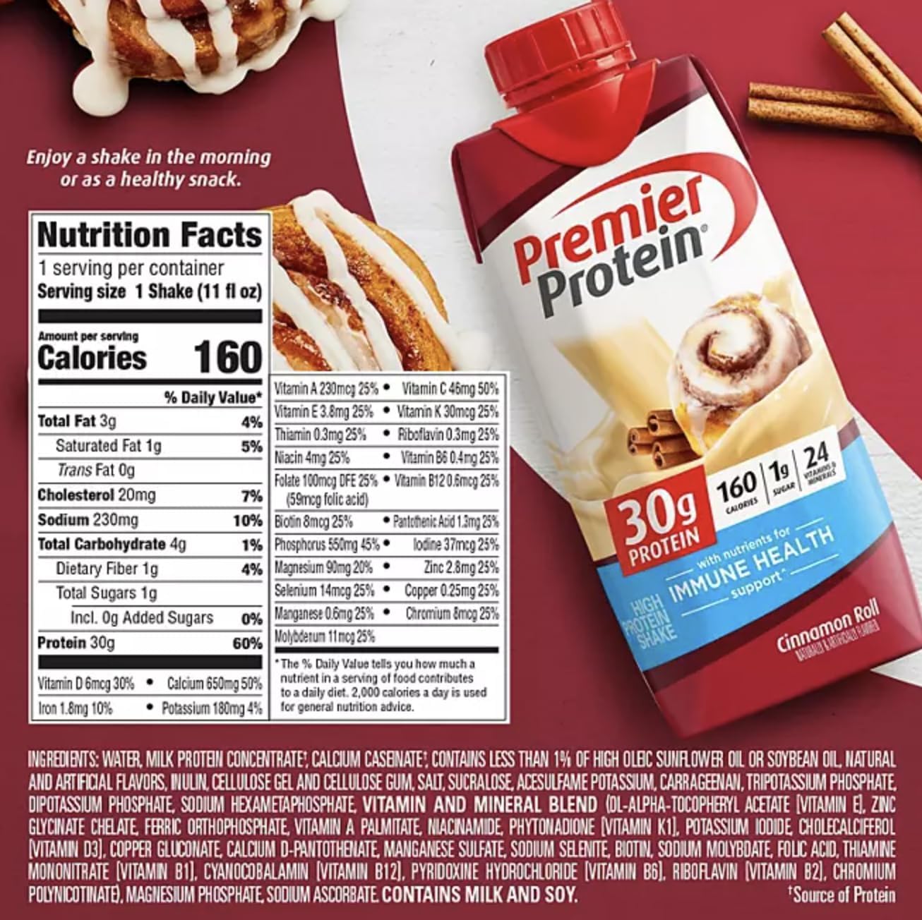 Premier Protein Shake, 30g Protein, 1g Sugar,24 Vitamins&Minerals Nutrients to Support Immune Health, Cinnamon Roll, 11 Fl Oz Pack of 15