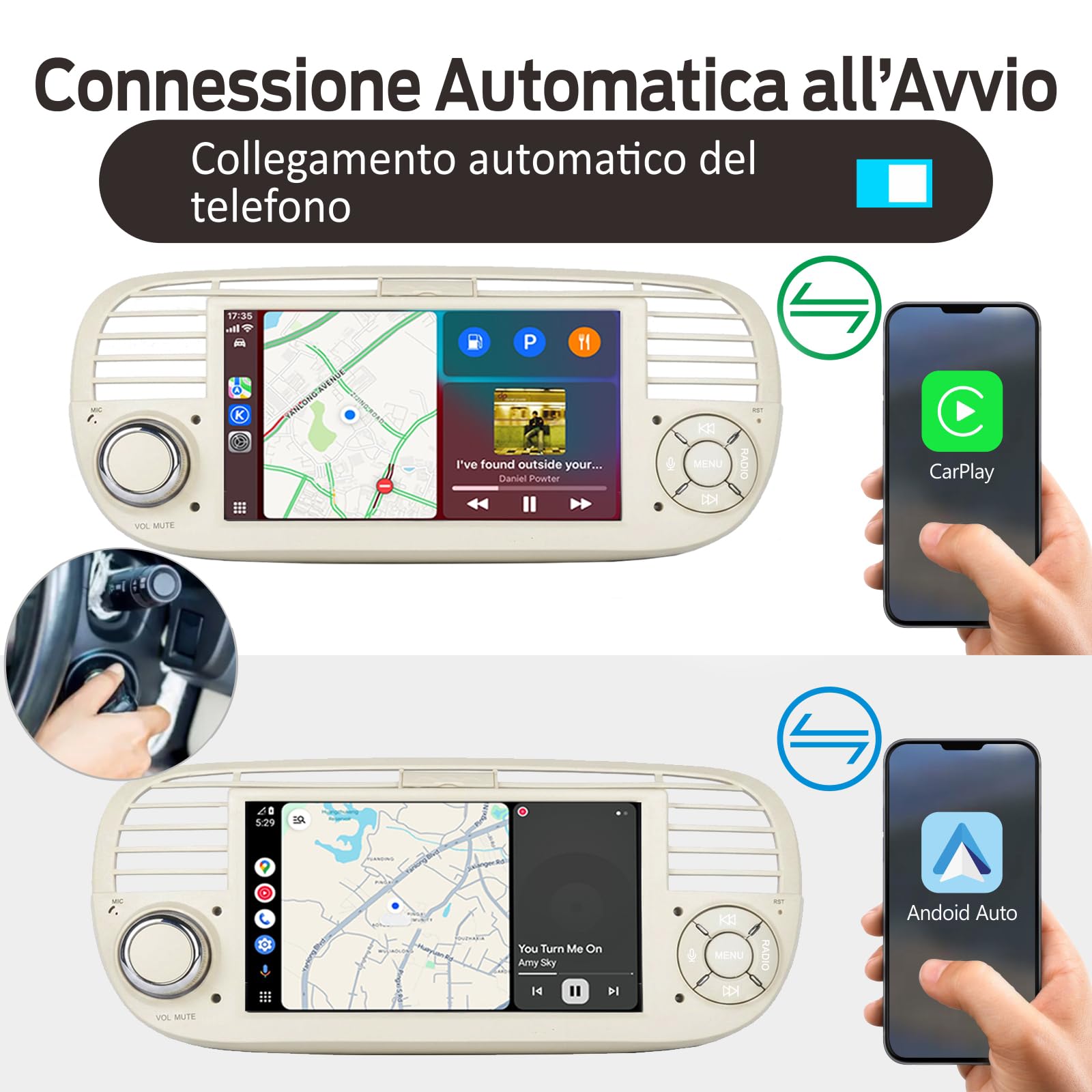 Autoradio Linux Avvio Lampo Compatibile 500 2007-2015 Fiat | Installazione Rapida | CarPlay/Android Auto Wireless/Bluetooth/FM/AM/RDS/USB | DSP 100W | Bianco