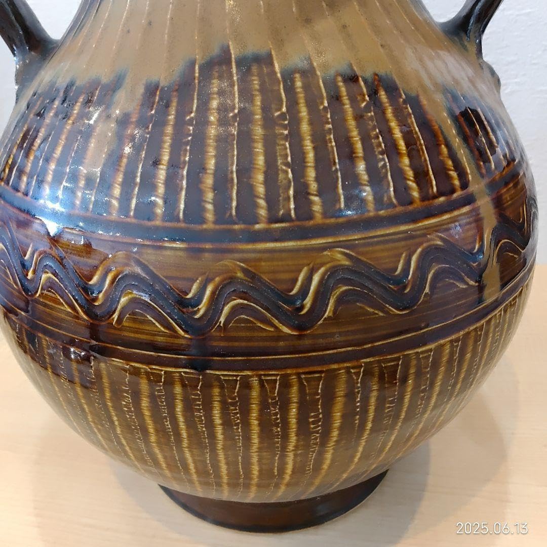 【小鹿田焼】掛け流し釉双耳　飴釉　緑釉　刷毛目　双耳広口大壺　陶器　花器 小鹿田焼掛け流し釉双耳 飴釉 緑釉 刷毛目 双耳