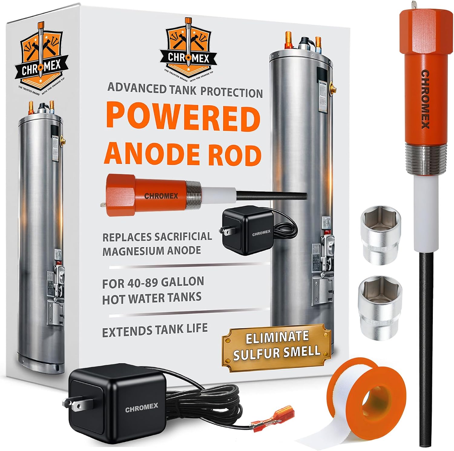 Powered Titanium Anode Rod for 40-89 Gallon Water Heaters with 30 Year Warranty, Removes Sulfur/Egg Smell, Corrosion and Scale, Electric Anode Rod For All Major Brands (Not Bradford White)