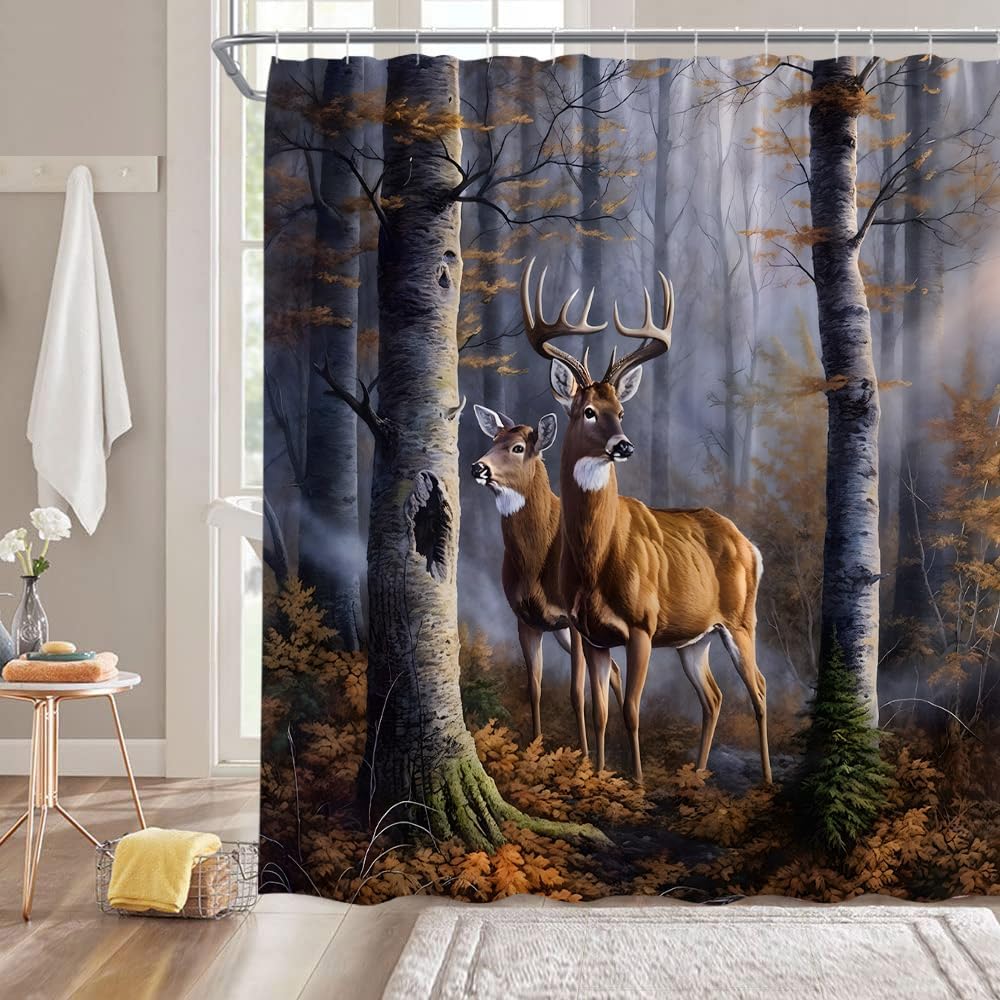 Deer Forest Shower Curtain Cabin Rustic Wild Animal Deer Elk Moose Birch Tree Forest Lodge Hunting Camping Vintage Farmhouse Bathroom Decor Fabric Bathroom Sets with Hooks