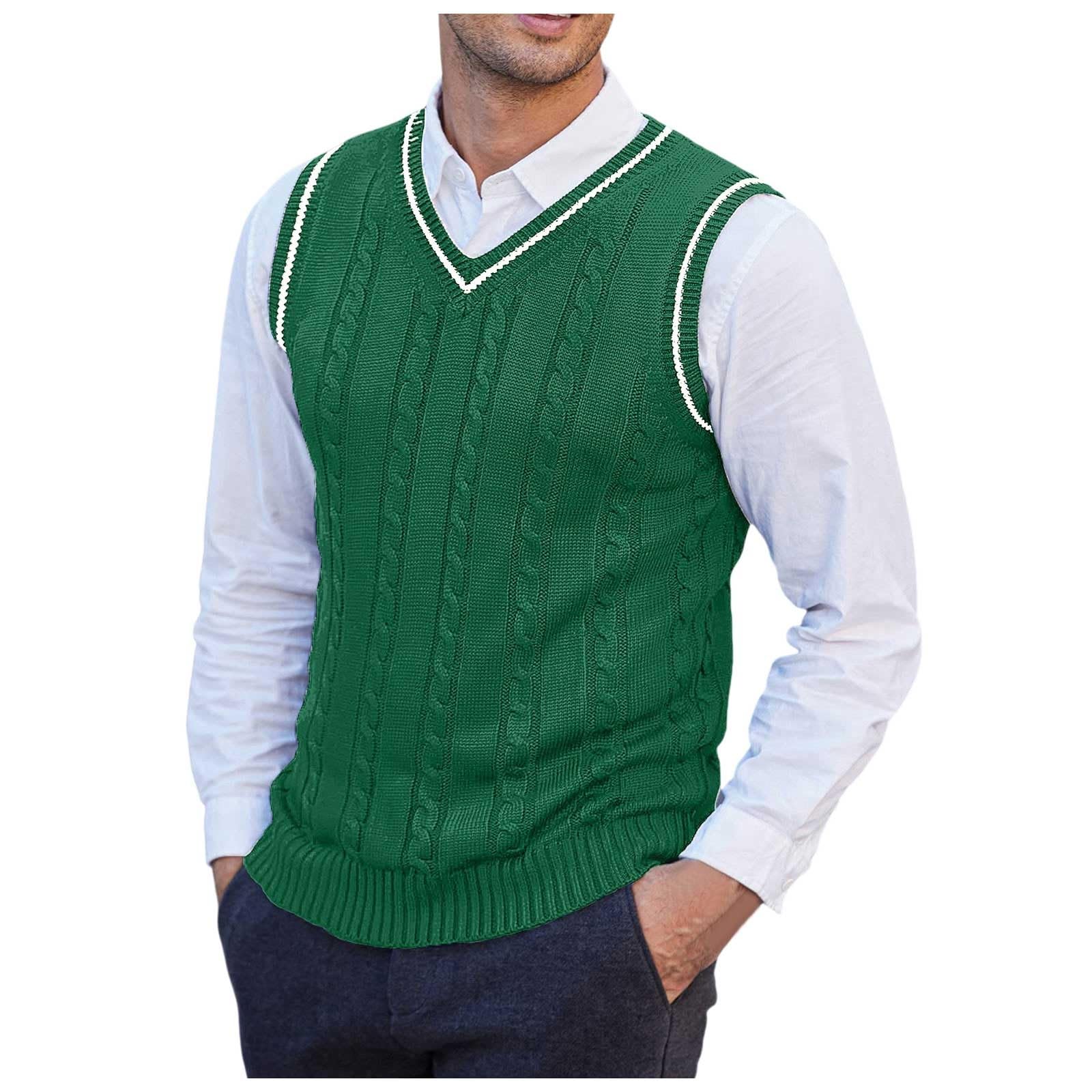 Gilet lavorato a maglia da uomo, scollo a V, senza maniche, con bottoni, maglione invernale, slim fit, lavorato a maglia, maglione spesso, per il tempo libero, motivo treccia, misto lana, per
