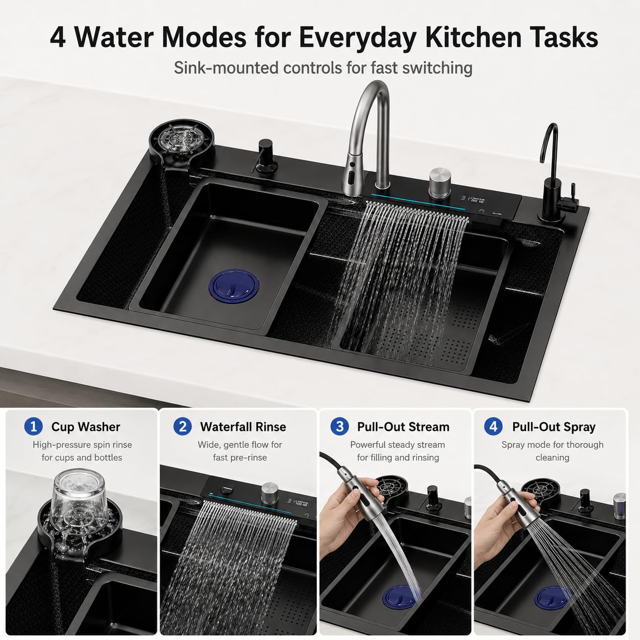 Küchenspüle aus Edelstahl – Spüle mit LED-Anzeige, einfache Installation und doppeltem Wasserfall-Design, inklusive hochwertigem Zubehör (80 * 45cm)