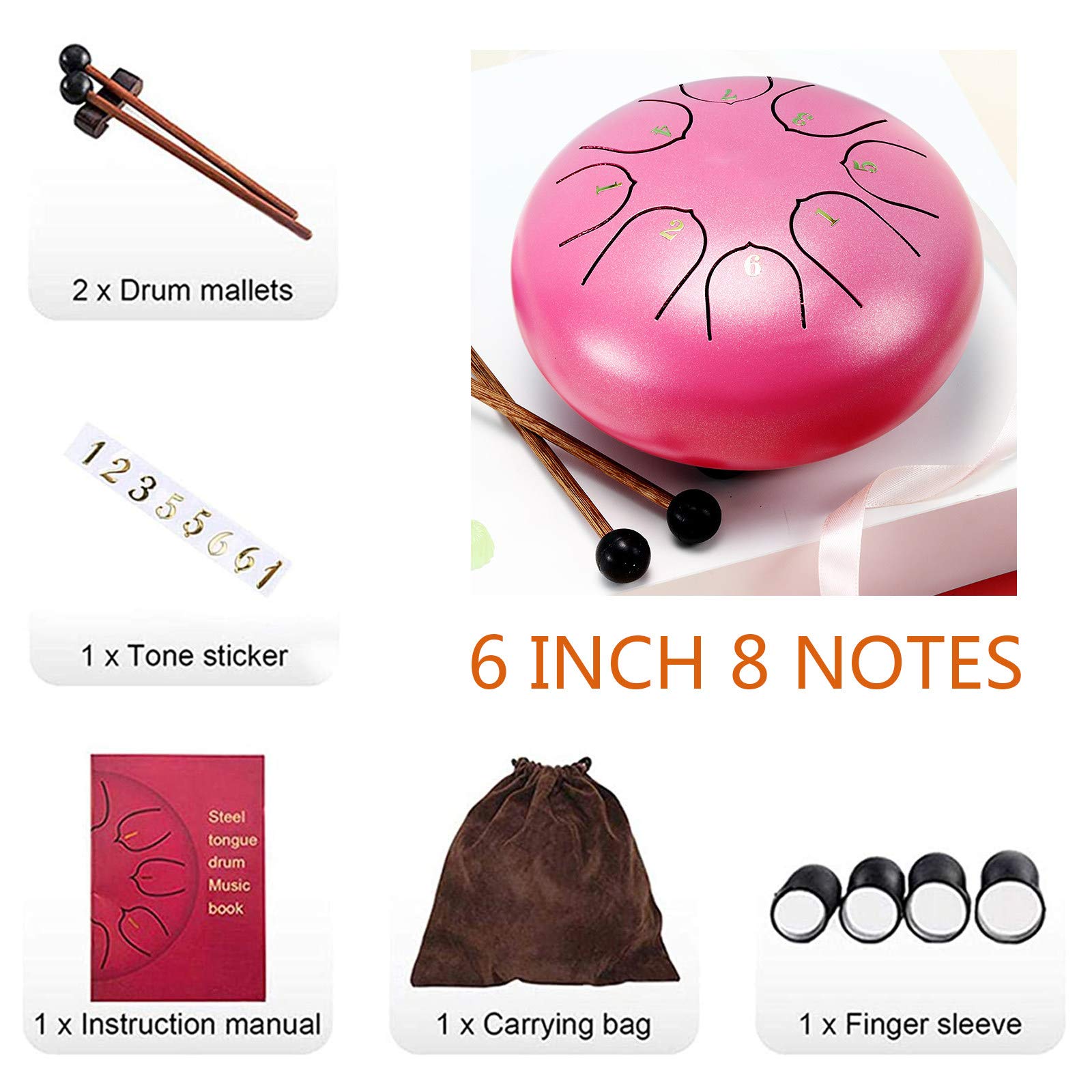 Stalowy bęben dla dzieci dorosłych, 8 notatek 6 cali Lotus Handpan Drums Kit-instrument perkusyjny-bęben ręczny z torbą, książeczka muzyczna, młotki, dla początkujących, fioletowy