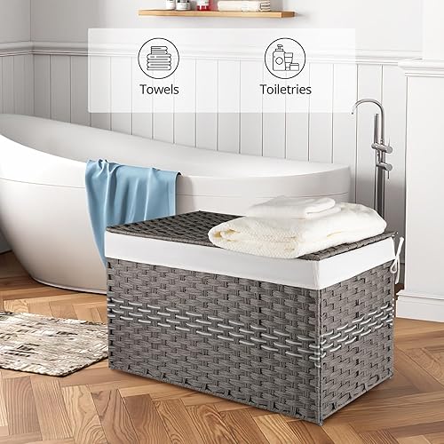 Miniatura 5 de OIAHOMY Cesta de almacenamiento grande con tapa, cesta de manta de 42.3 galones (160 L) con bolsa extraíble con forro, cesta de mimbre con asa,