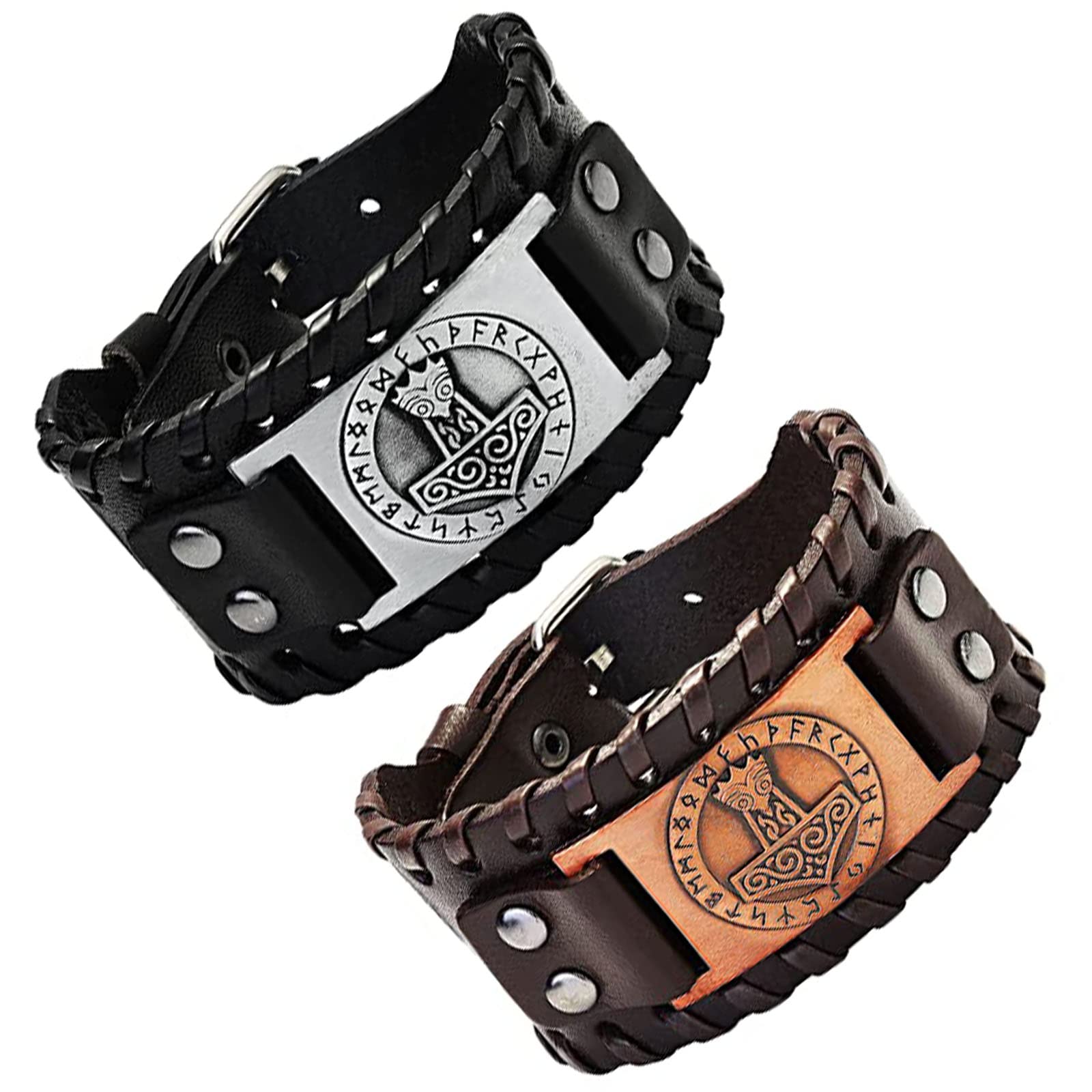 Lushly 2 Piezas Viking Pulsera Joyería Hombre, Pulsera Cuero Vintage Nórdica Talismán Gótica Celta para Novio Mari Papa Regalo (Negro, Marrón), One