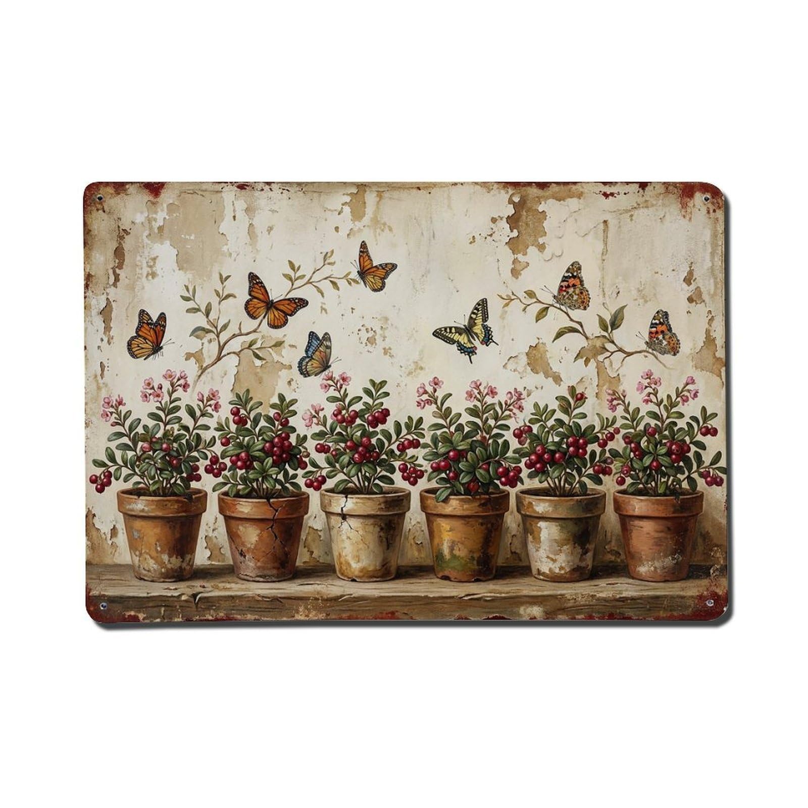 Vintage Rustic Flower Potted Plants Cranberry Metal Tin Sign
