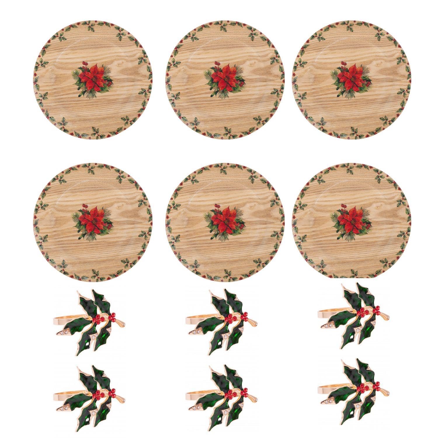 Yöl Wooden Holly Set Of 6 Christmas Holly Charger Plate Wooden And 6 Napkin Rings Dinner Lunch Decor Xmas Rustic Traditional