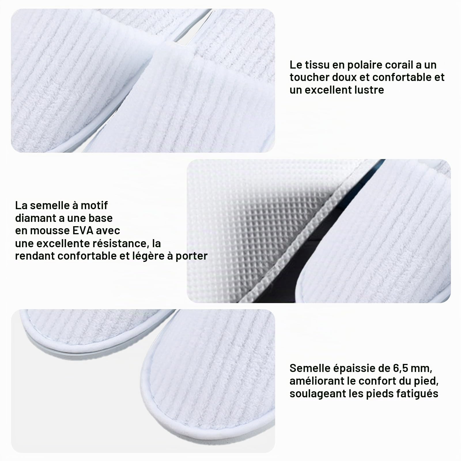 Lot de 10 paires de chaussons en polaire de corail : chaussons blancs pour spa, chaussons en polaire de corail pour invités, pantoufles lavables en velours de coton unisexes, pantoufles d'hôtel