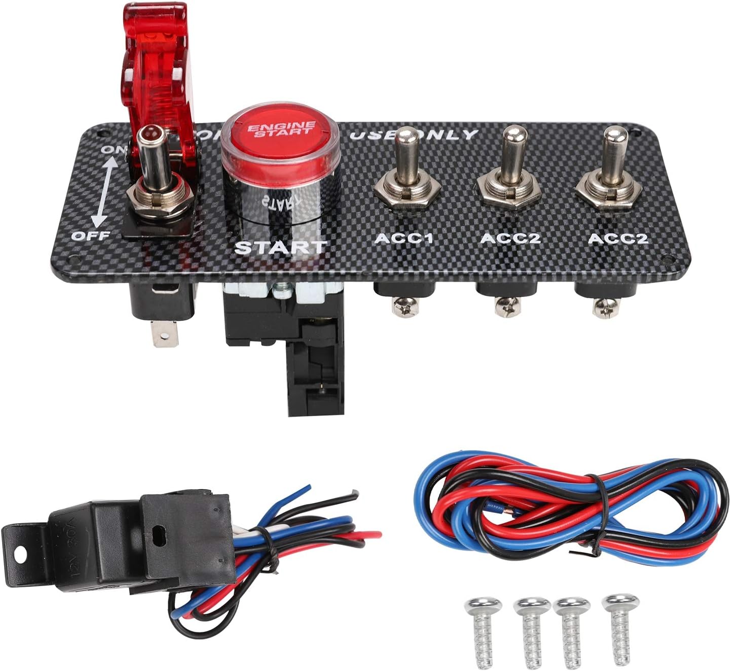 SUPERFASTRACING 12V Carbon Ignition Switch Panel Engine Start Push Button LED Toggle Racing Auto