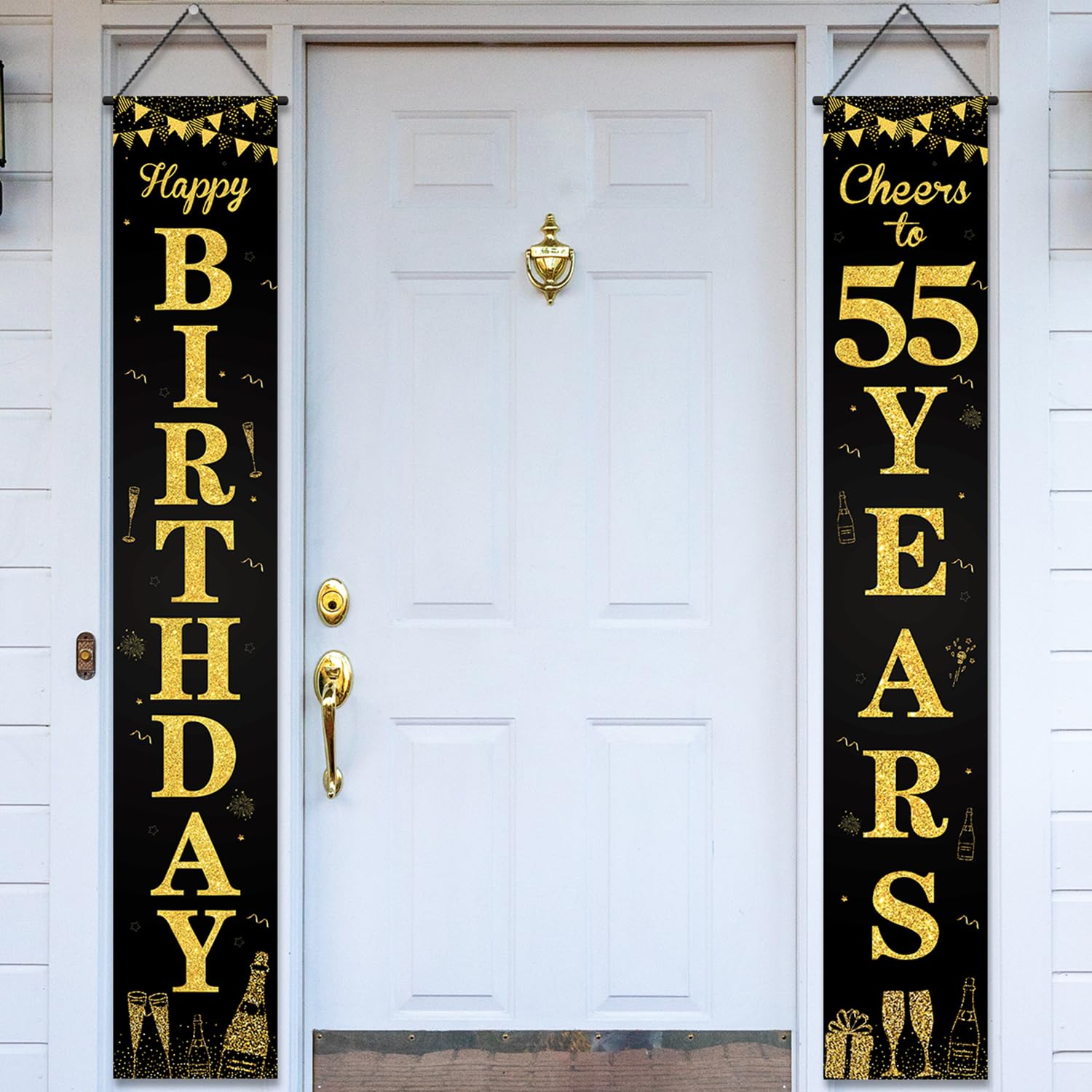 Happy 55th Birthday Door Banner Porch Sign Black Gold, Cheers to 55 Years Birthday Party Decorations Supplies for Men Women