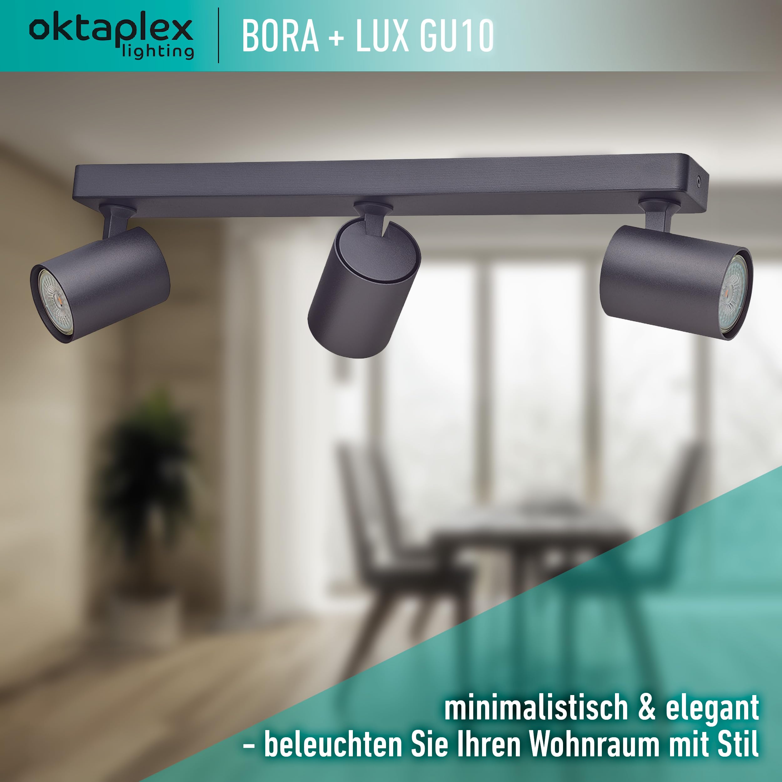 Oktaplex Bora Deckenstrahler 3-flammig schwarz inkl. Leuchtmittel | 3-Stufen dimmbar GU10 400lm 2700K warmweiß 4,8W 230V - Spotbalken