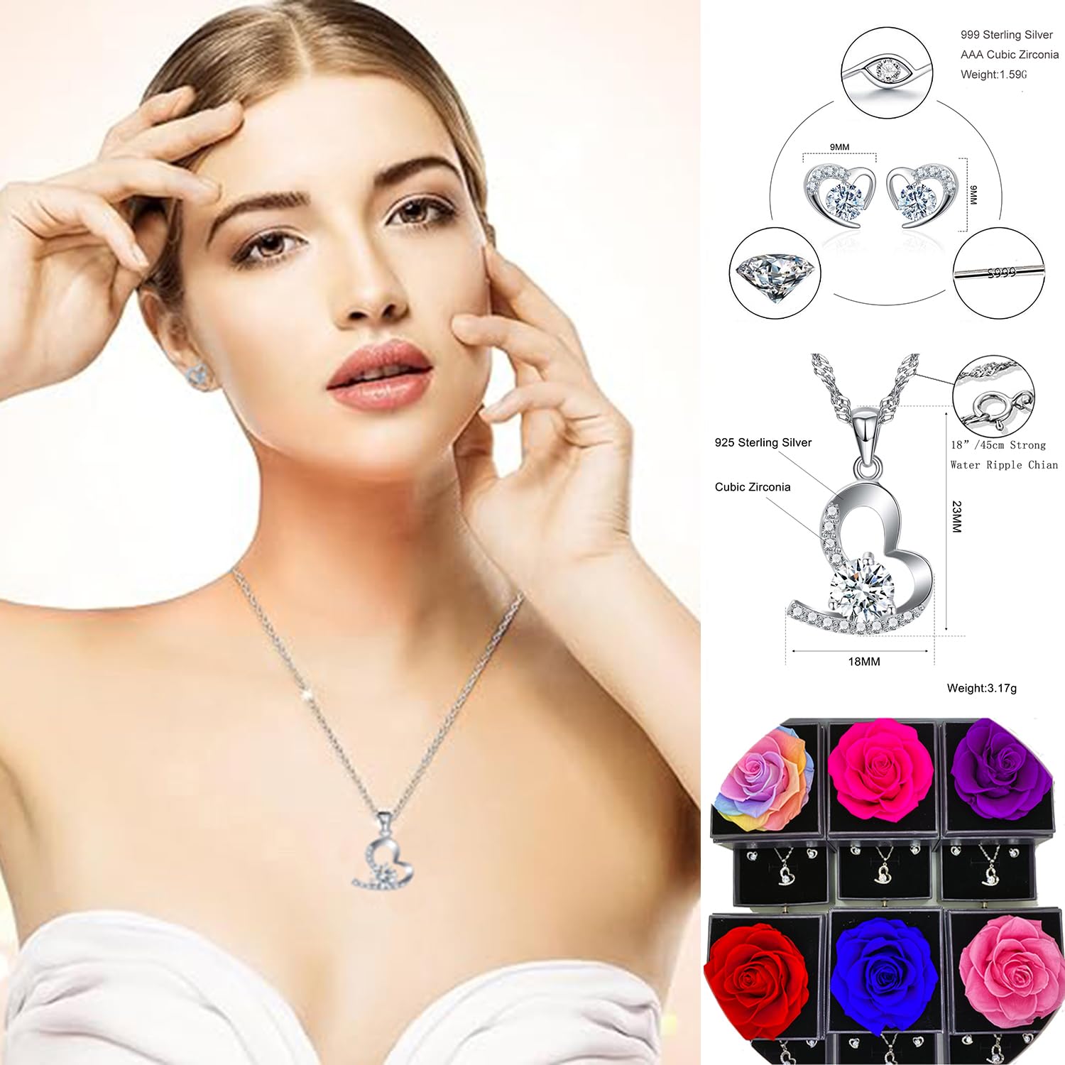 Regali per le donne, Eterna Vera Rosa con Cuore Collana e Orecchini in Argento Sterling 925, Infinity Rose Gift Box per San Valentino, Festa della Mamma, Natale