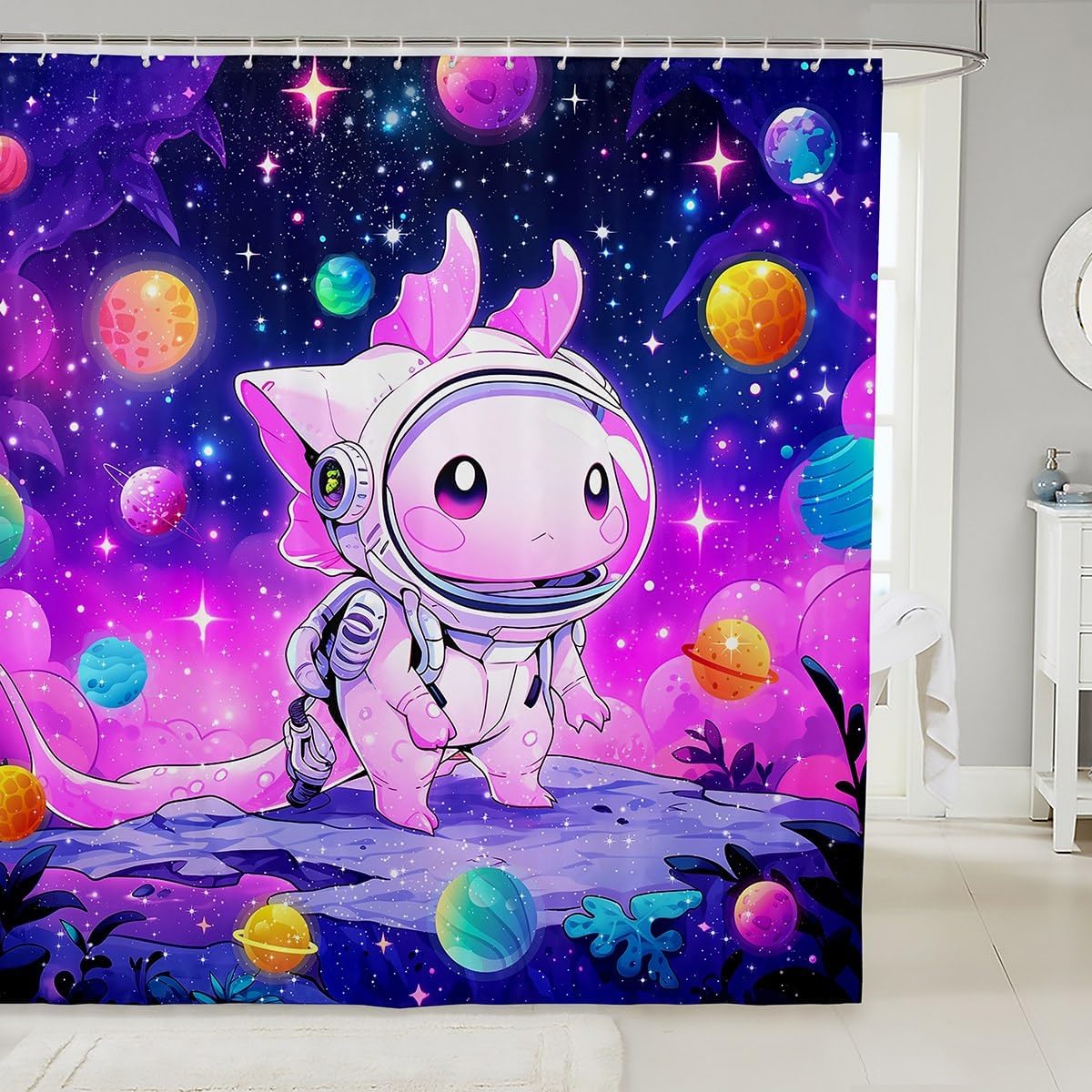 Cartoon Axolotl Kids Shower Curtains,Starry Sky Galaxy Outer Space Planet Bathroom Curtains for Girls Boys,Cute Salamander Astronaut Purple Chic Waterproof Curtains,12 Hooks Suits,72" W x 78" L