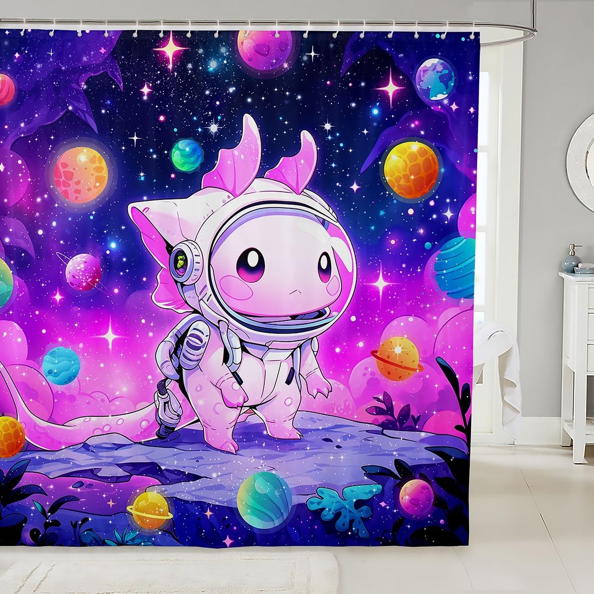 Rideau de douche axolotl galaxie étanche pour salle de bain enfant