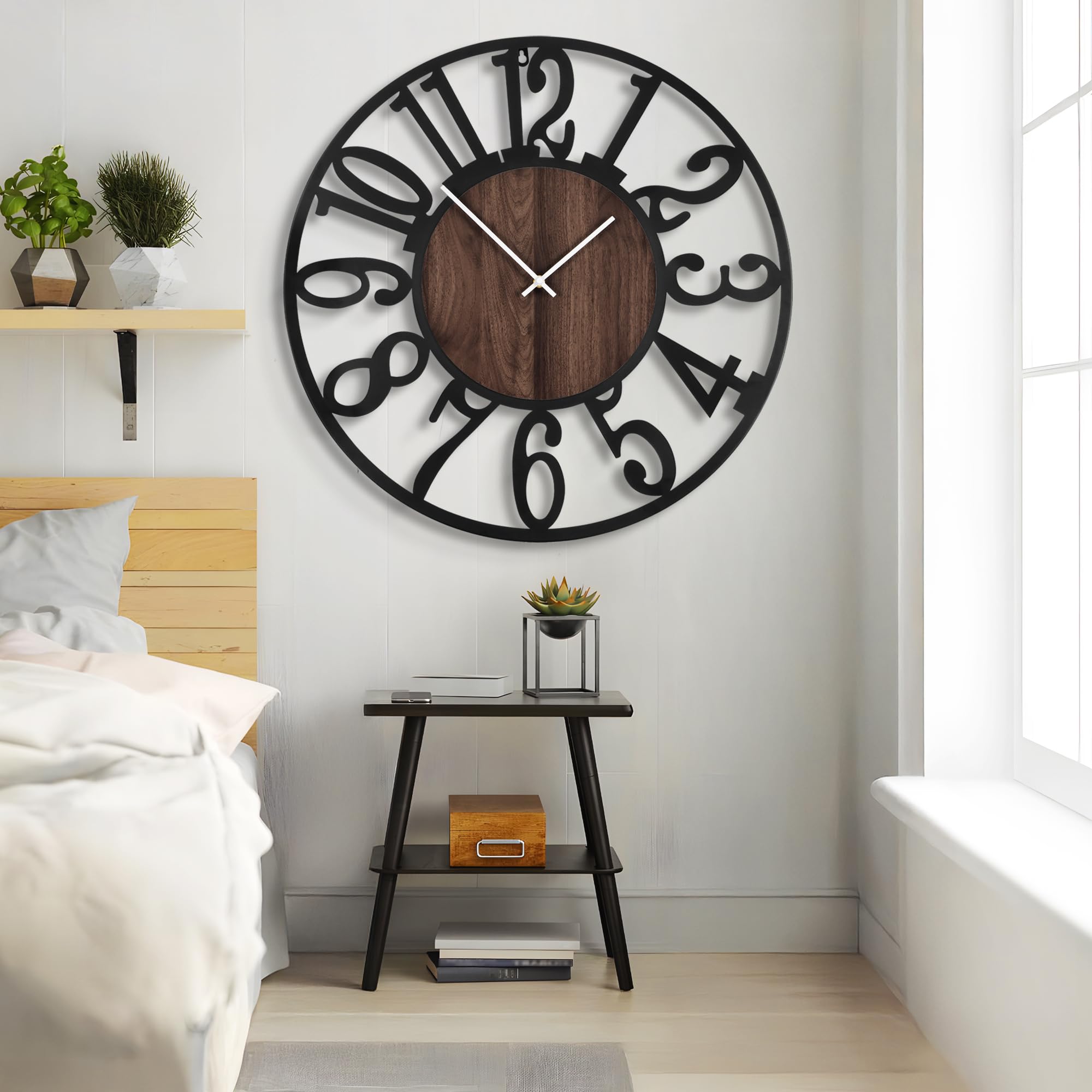 100cm Wanduhr, Leise Vintage Metall Uhr mit Holz-Zifferblatt, Batterie XXL Wanduhr im Landhausstil für Wohnzimmer, Schlafzimmer, Küche, Büro, Wanddeko