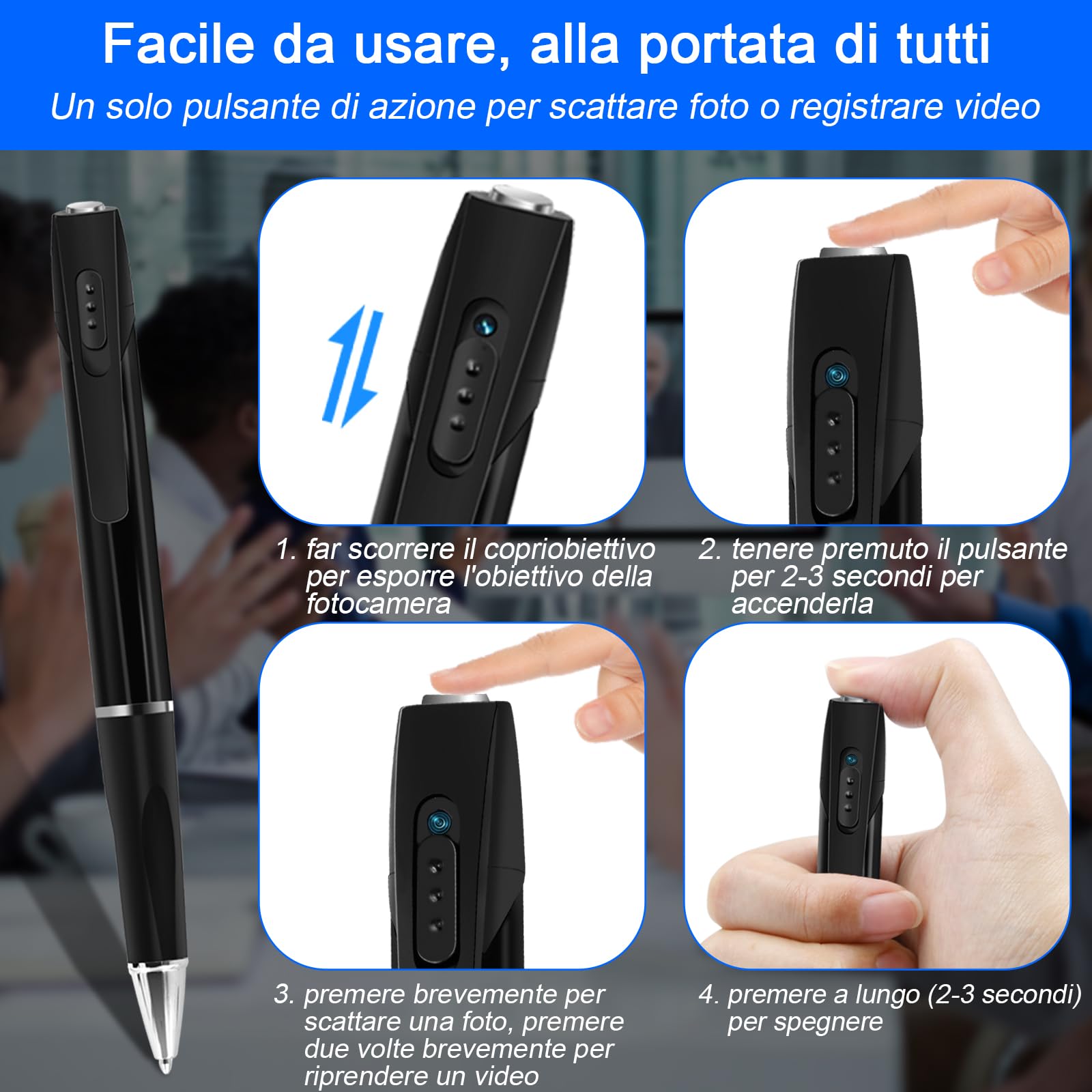 Telecamera Penna Spia 1080P, Microcamera Spia Invisibile con Audio, Portatile Telecamera Nascosta Spia con Micro SD da 32GB, Registrazione in Loop per aule, sale e altri luoghi al chiuso e all'aperto