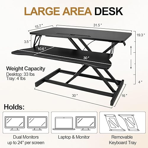 Miniatura 2 de Convertidor de escritorio de pie de 32 pulgadas de altura ajustable, elevador de escritorio para sentarse a ponerse de pie con bandeja para teclado