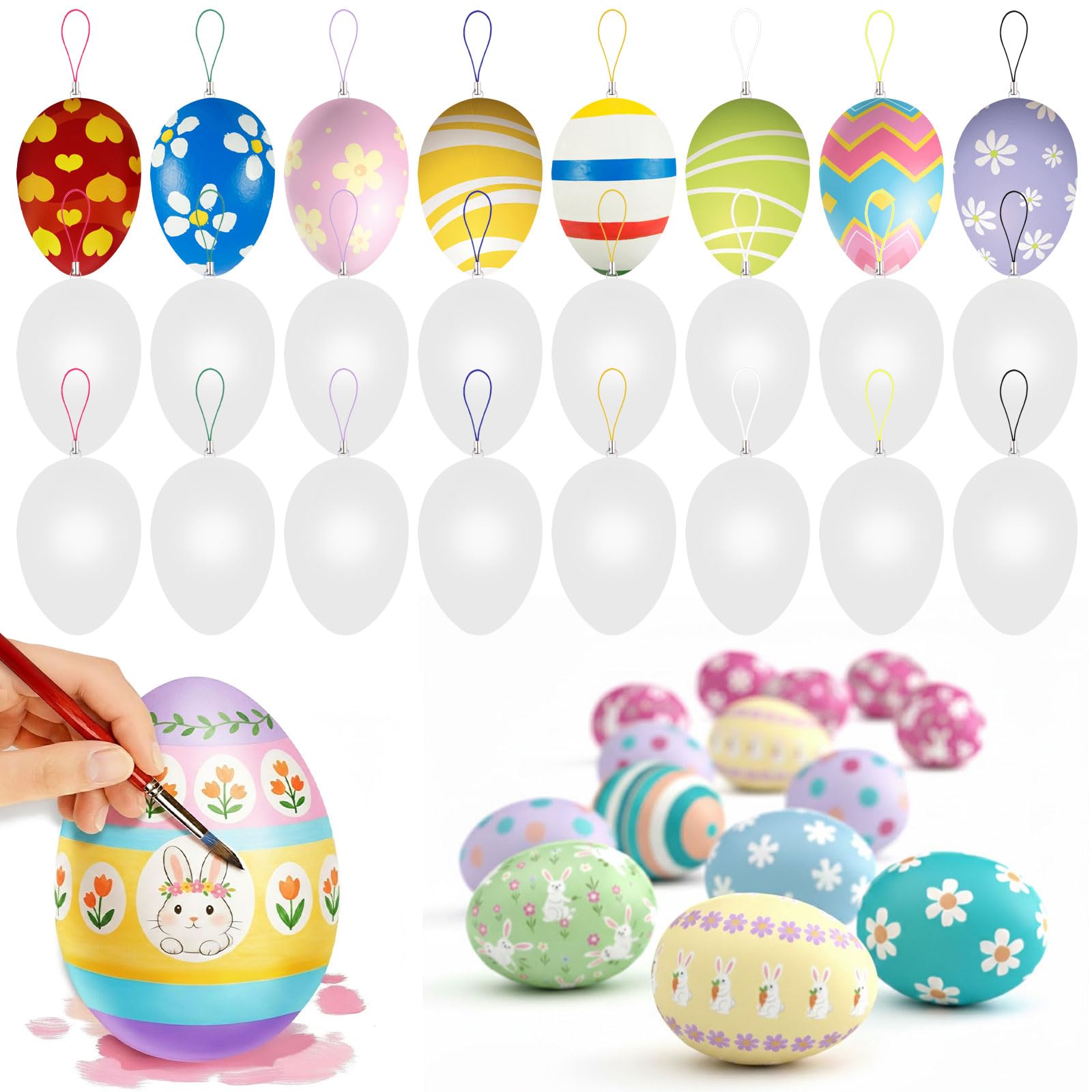 50 Stück Ostereier Plastik, Ostereier zum Bemalen, Ostern Deko zum Aufhängen mit Seil, Deko Plastikeier für Draußen und Drinnen zur Dekoration,Ostern Basteln,Geschenk