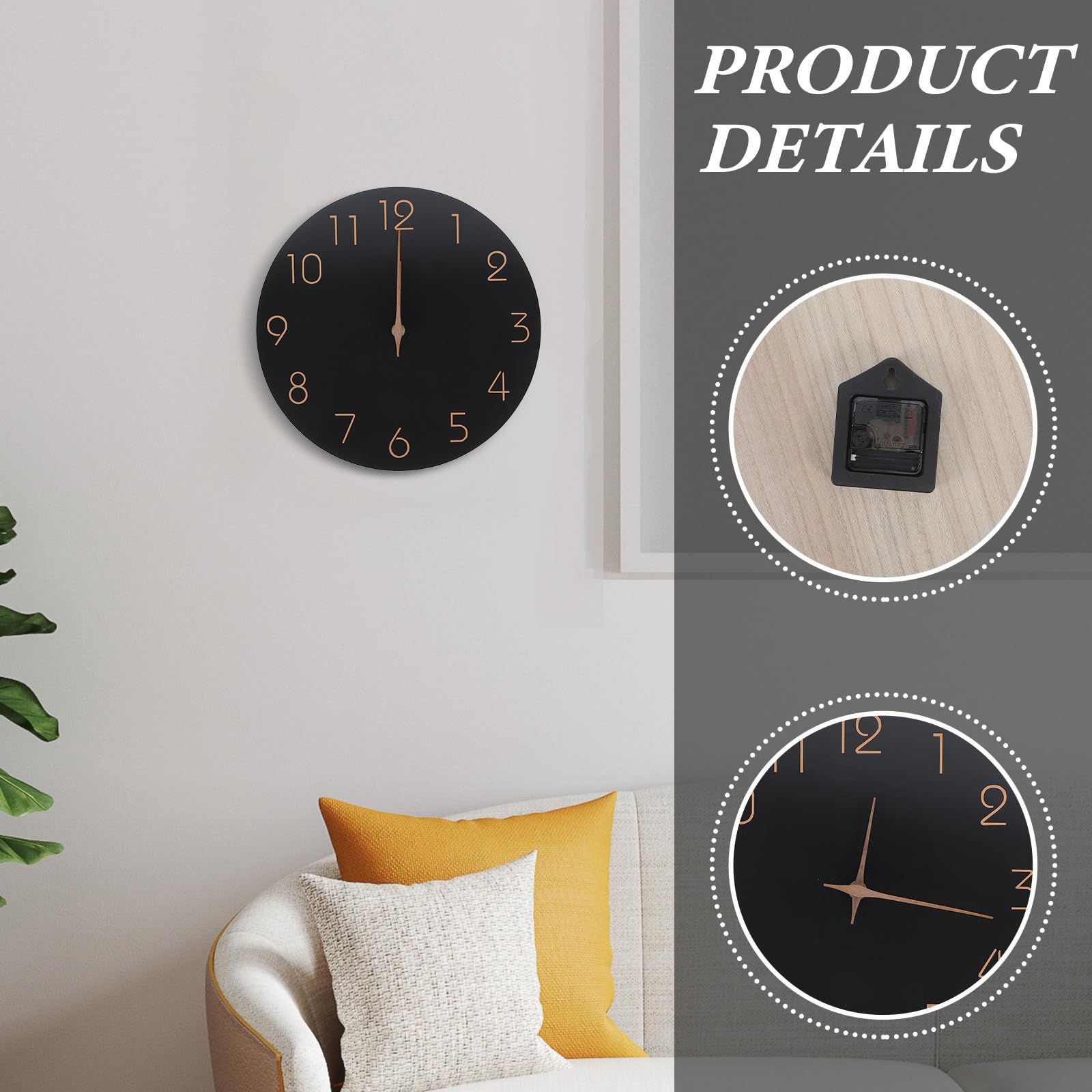 Schwarze Holzwanduhr, 30 cm (12 Zoll), geräuschlos, kein Ticken, rundes Zifferblatt, Moderne minimalistische Wanddekoration für Wohnzimmer, Küche, Schlafzimmer, Homeoffice