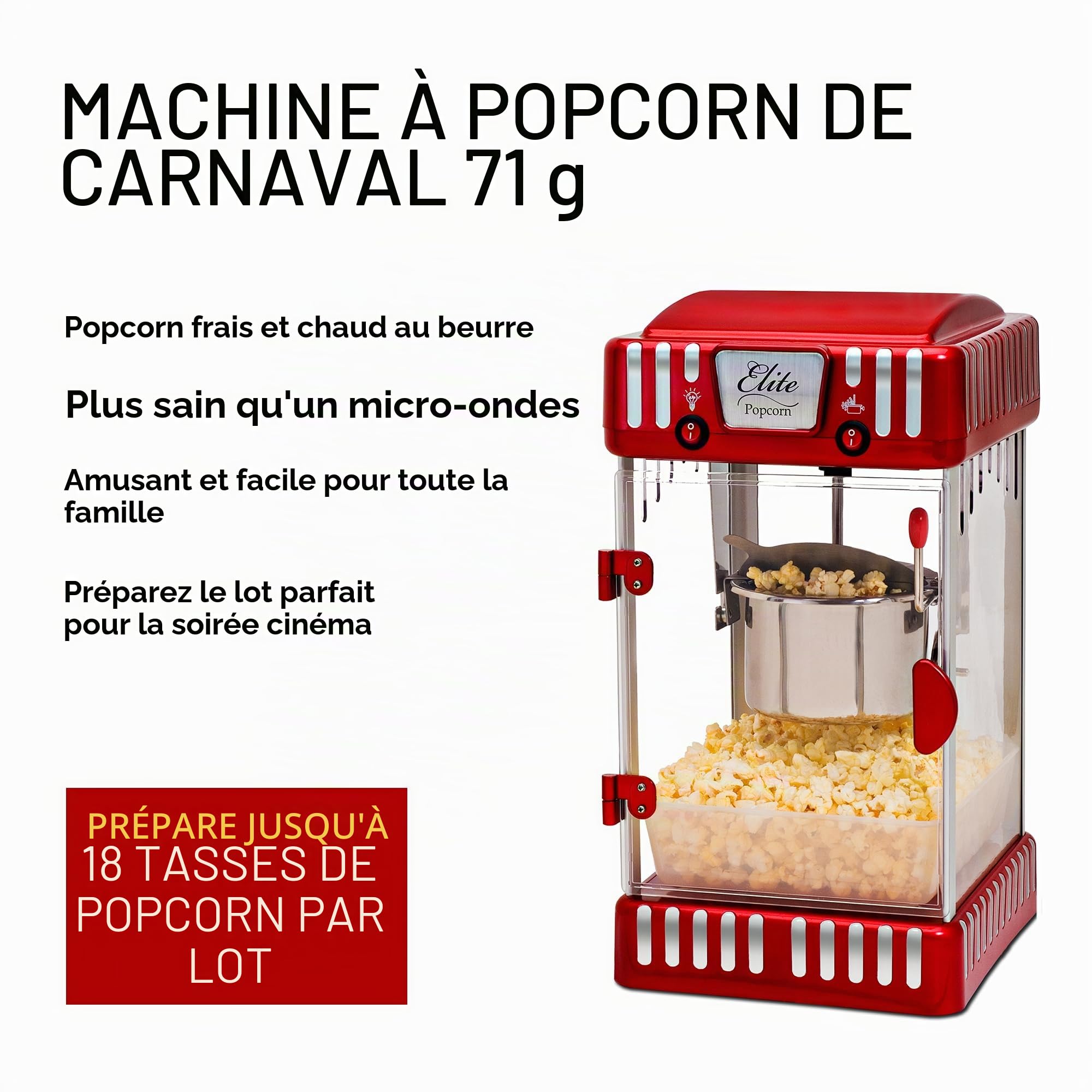 Elite Gourmet EPM-250# Machine à popcorn classique à poser, style rétro/fête foraine, capacité 74 ml, pour soirée cinéma, rouge