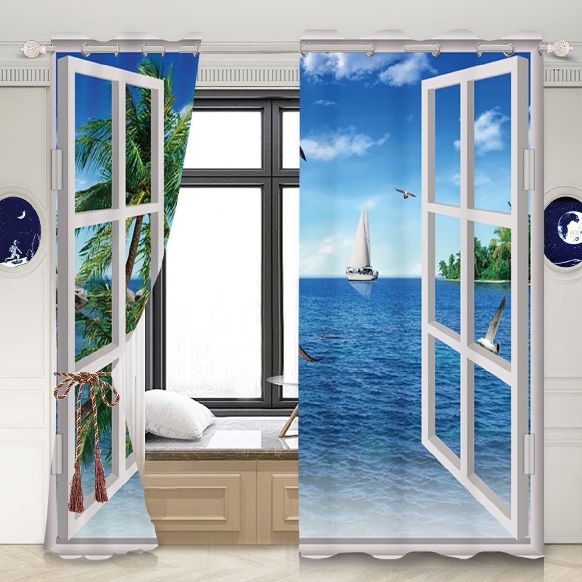Ocean Scenery Curtains Opened White Window Exotic Palm Trees Seagull Summer Tropical Beach Window Drapes 2 Panel Set for Cowboys Living Room Bedroom Decorative, 21x45 Inches