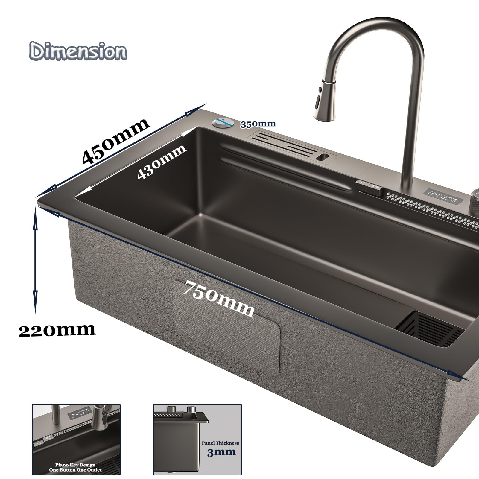 KOOGIMDDR Grigio 1 lavello da cucina con cascata, 75 x 45 cm, rubinetto a cascata a LED, tagliere scorrevole e lavastoviglie ad alta pressione, compatto e multifunzionale