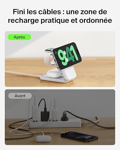 Belkin Magnetic Wireless Charger, 3 in 1 Qi2 Charger 25W, Adjustable MagSafe Compatible Charging Pad for iPhone 16, Apple Watch, AirPods, Portable Phone Holder with 45W Adapter - White - 6