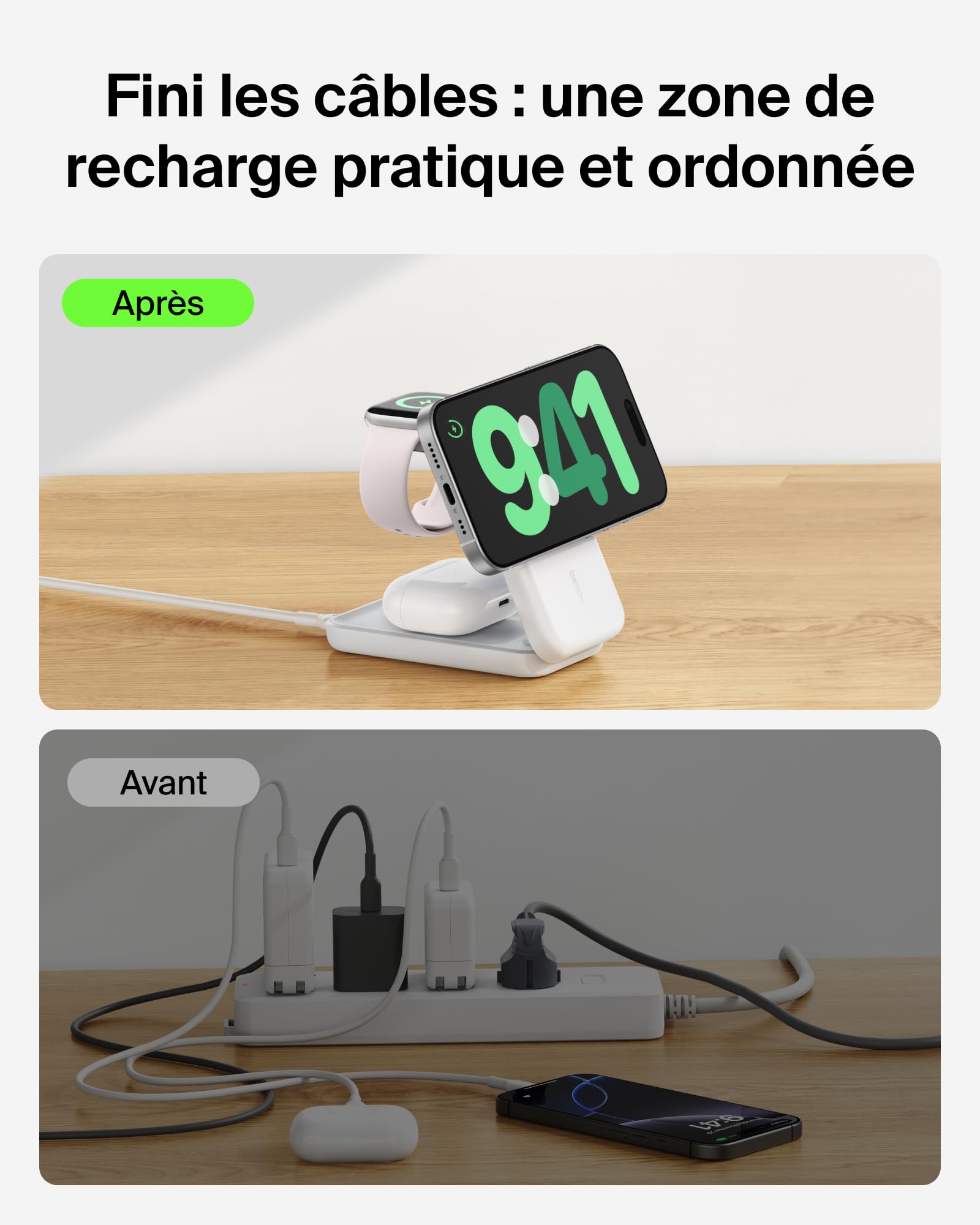 Belkin UltraCharge Chargeur Induction 3 en 1 Qi2, Station de Charge Magnétique 25W, Chargeur sans Fil avec MagSafe pour iPhone 17, iPhone Air, Apple Watch, AirPods, Pixelsnap avec Chargeur 45W, Blanc
