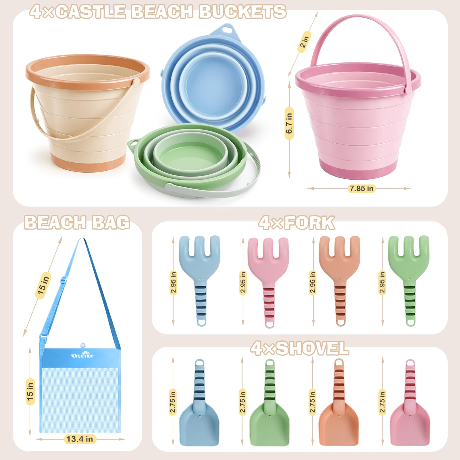 Dreamon Beach Toys, 13PCS Bucket and Spade Beach Set Kids with 4 Collapsible Buckets, 8 Beach Spades & Mesh Beach Bag - Image 2