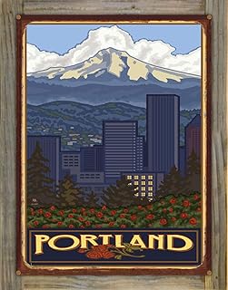 Northwest Art Mall Portland Oregon Skyline Rustic Metal Print on Reclaimed Barn Wood from Travel Artwork by Artist Paul A. Lanquist 17" x 23"