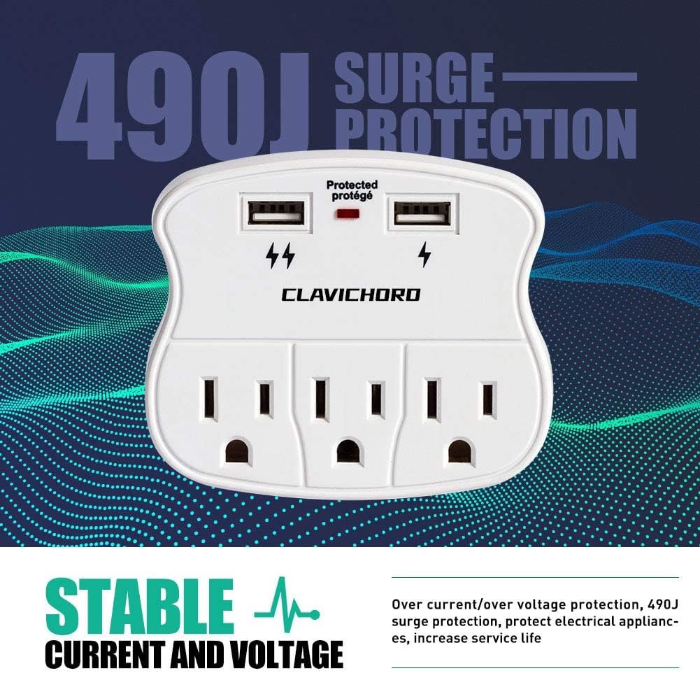 3-Outlet Extender Surge Protector, Multi Plug Wall Outlet with 2 USB Wall Charger, Outlet Splitter Power Strip with LED Indicator for Home/School/Office, Plug Extension Outlet 1875 Watts