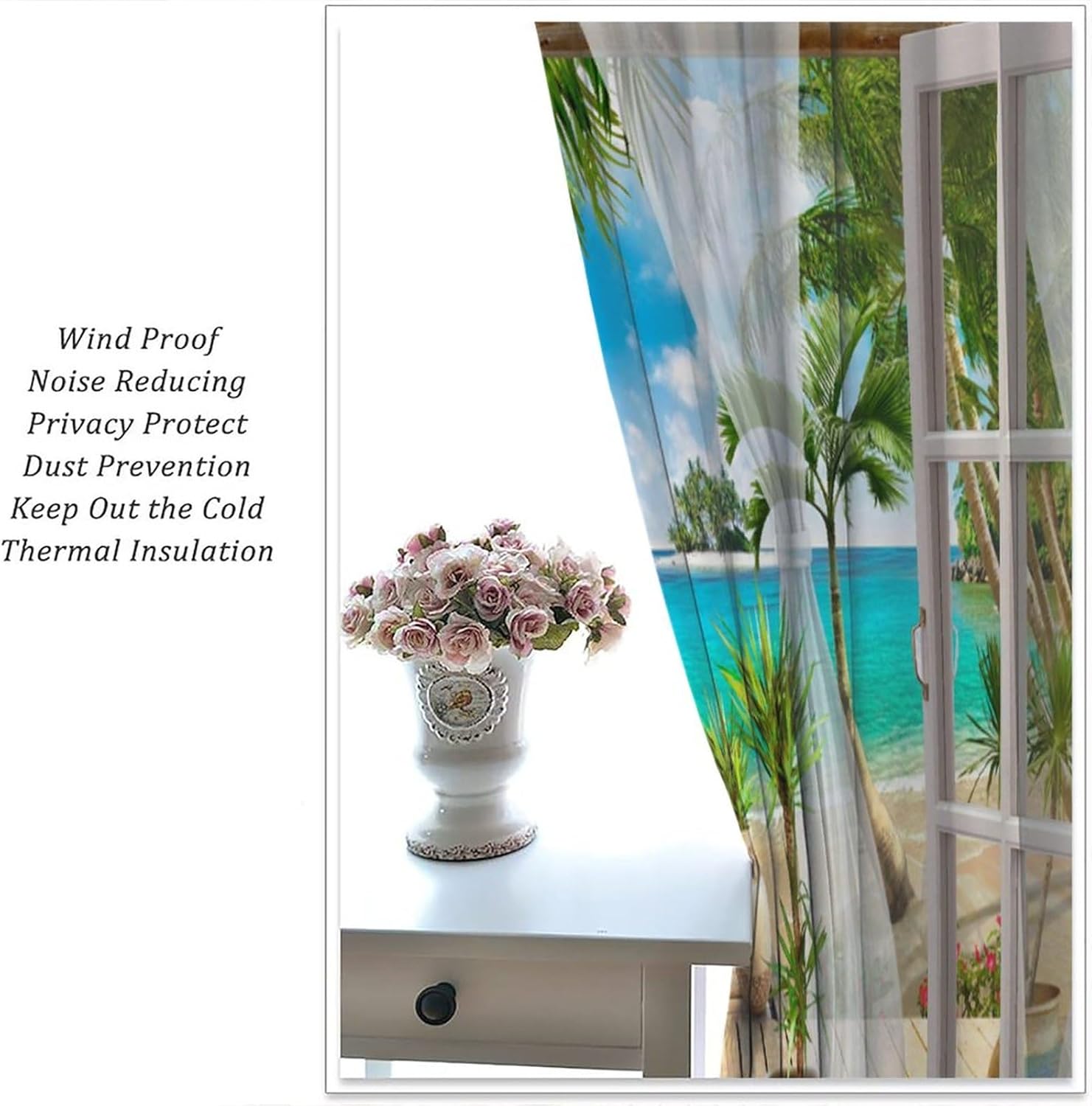 Beach Palm Tree Blackout Curtains，Ocean Tropical Island Tropical Drapes for Bedroom Living Room Window Darkening Curtain Set 2 Panels,42x45 Inches