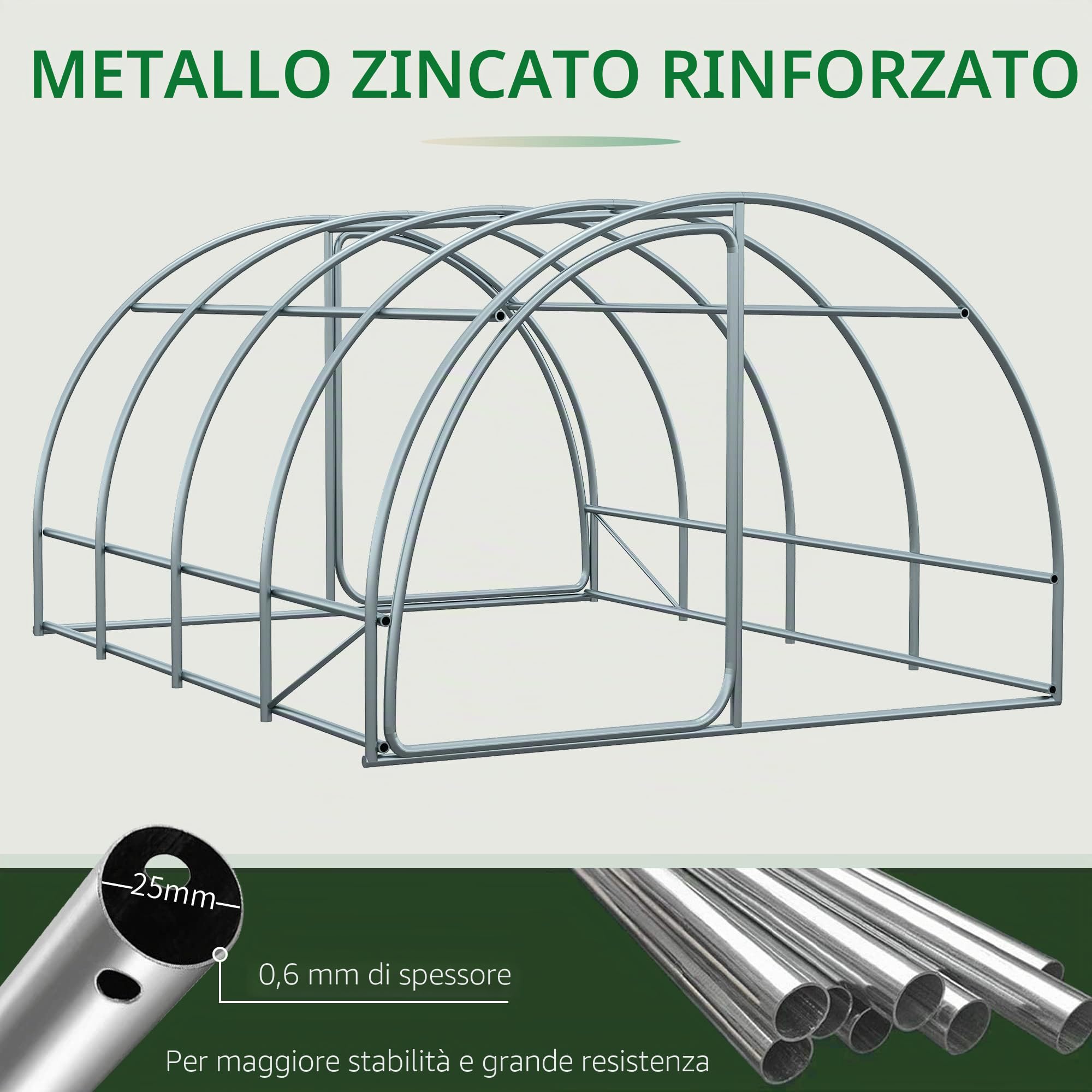 Outsunny Tunnel Giardino Serra Superficie 12 m² 4L x 3l x 2H m Telaio tubolare rinforzato 25 mm Doppia porta con maniglie Bianco