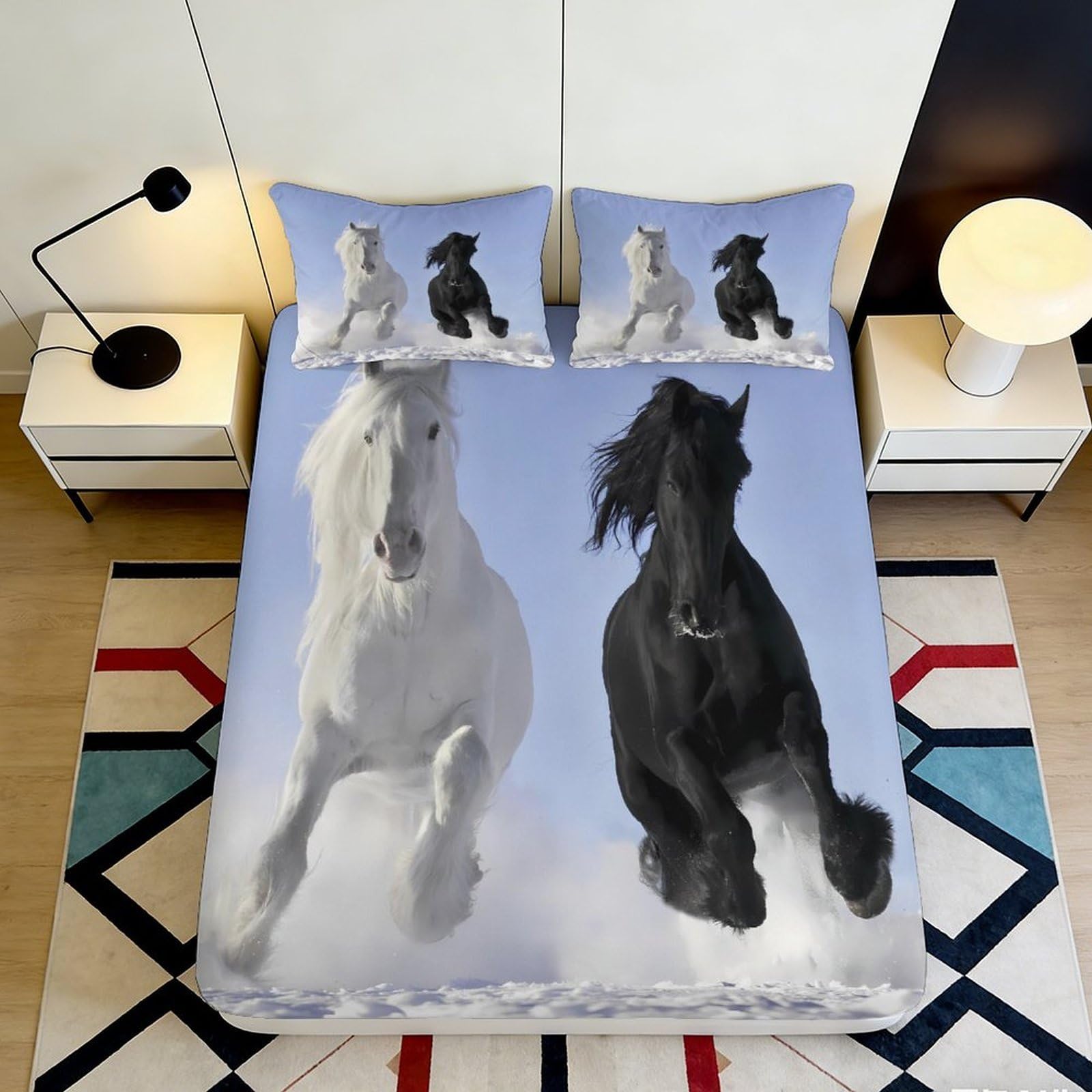 Jqzkxnhpbr Style-10 3D Printed Running White Black Horse Fitted Sheet Microfiber Soft Mattress Cover Bedroom Decor Protection 90X200x25cm