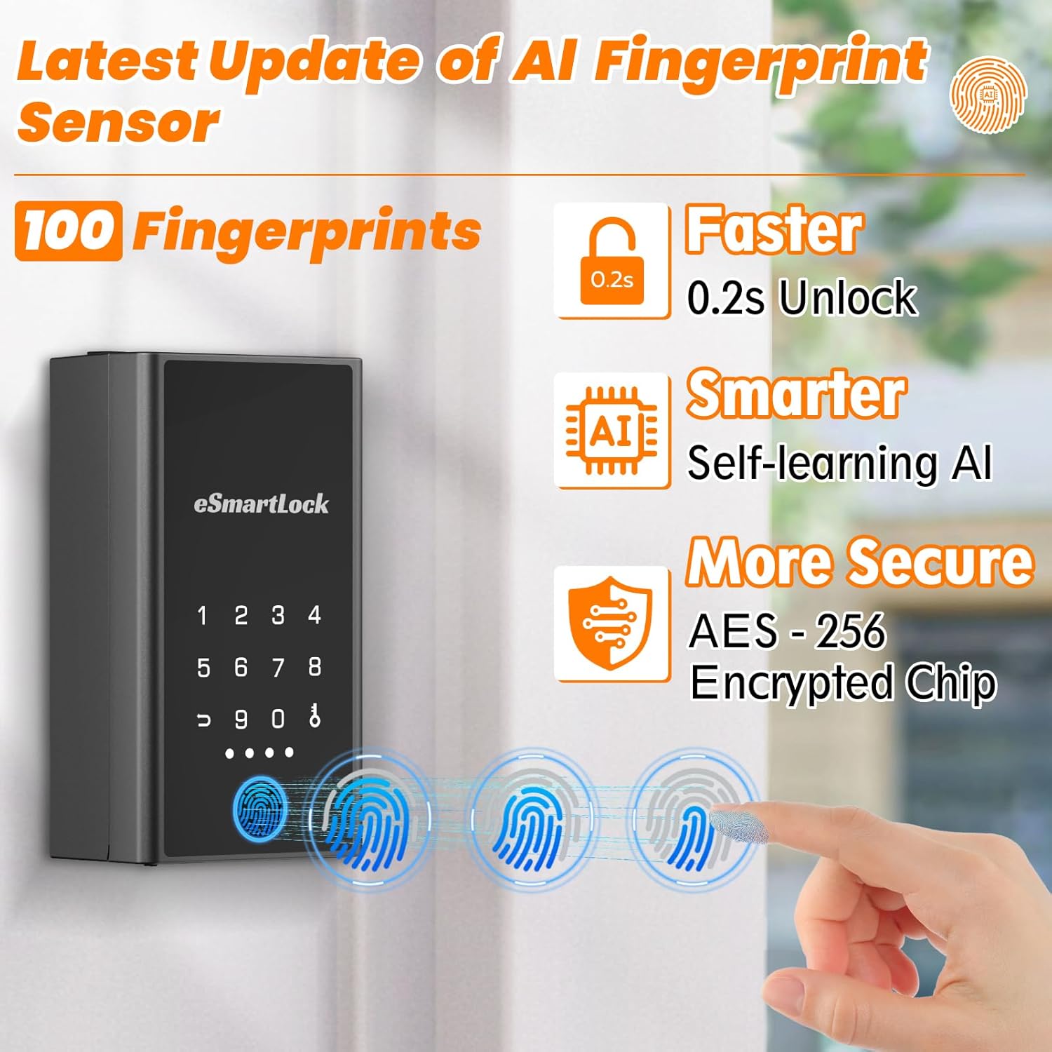 Image showing the advanced AI fingerprint sensor on the lock box, highlighting 0.2s unlock speed, self-learning AI, and AES-256 encrypted chip.
