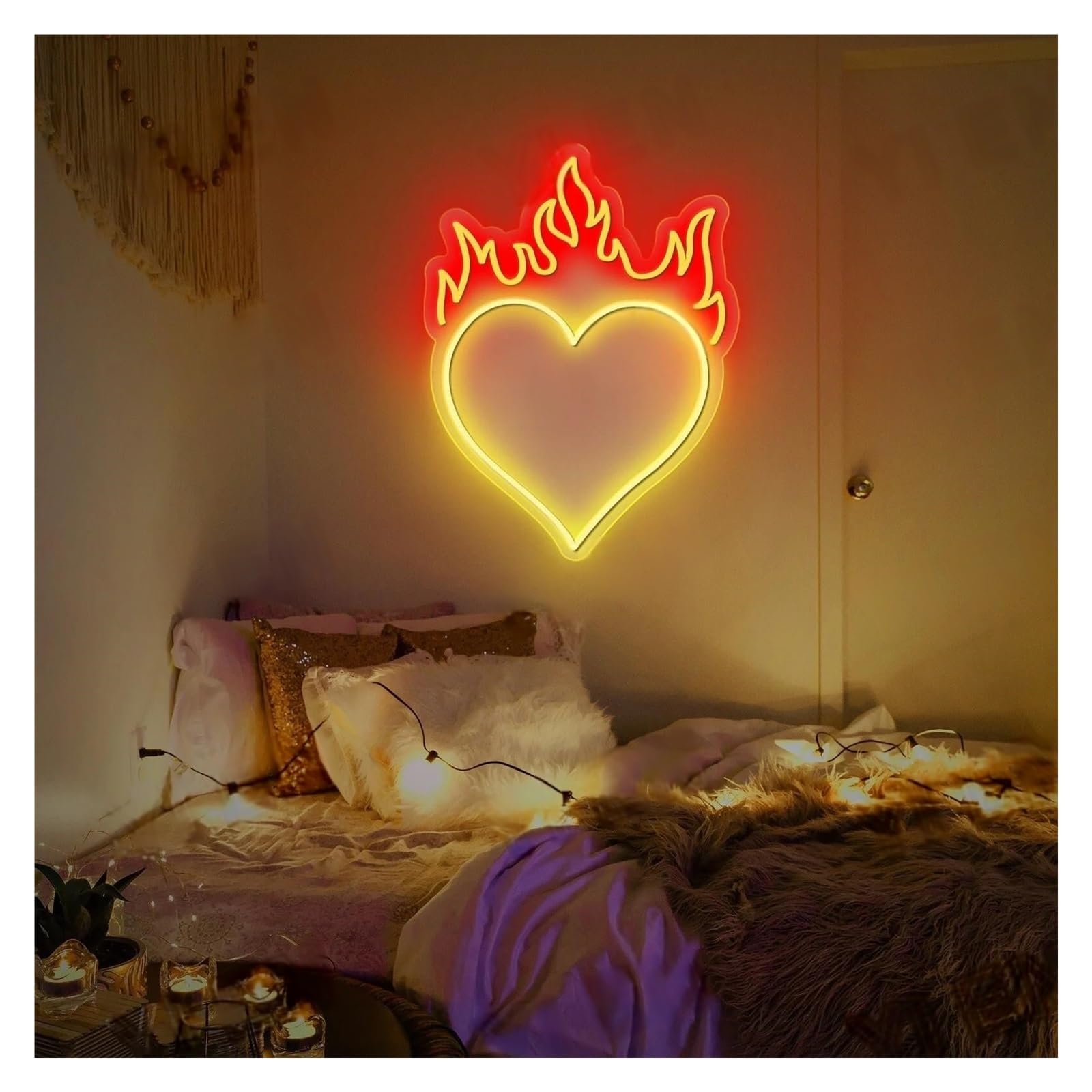 LEMST Signs Lamp Heart Neon Signs, Love Heart Fire Neon Sign USB Powered Adjustable Brightness Heart Flame Neon Lights, Suitable for Wall Hanging Decor(C,36cmx45cm)