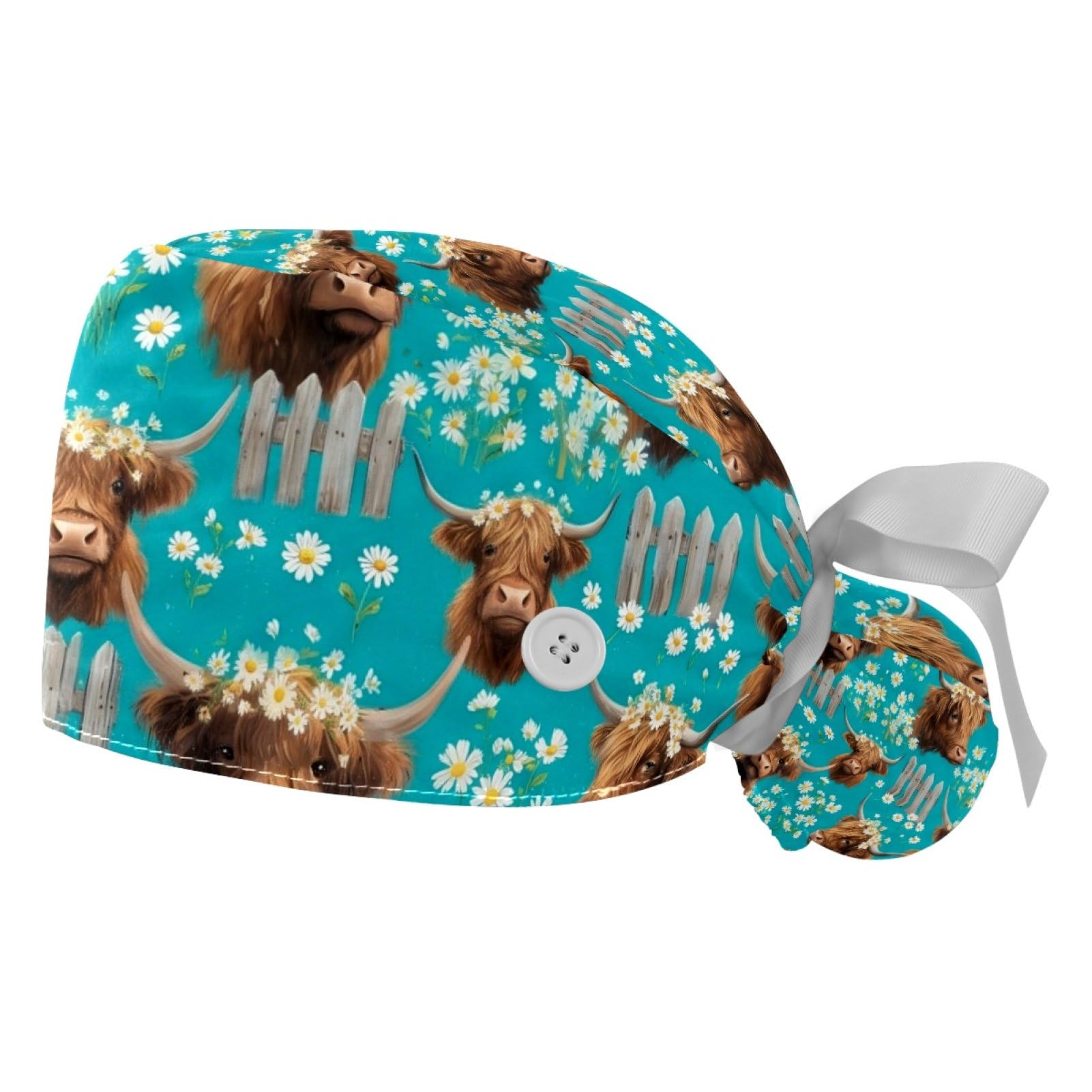 2 PCS Bouffant Cap with Button Ponytail Pouch Working Cap Sweatband Adjustable Surgical Cap Black and White Cow
