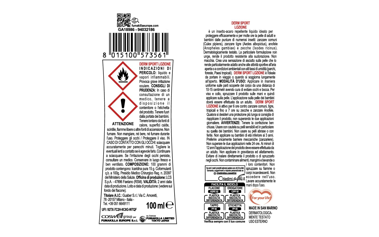 Vape Derm Sport - Lozione Antipuntura Resistente al Sudore, Non Unge, Protezione 6 Ore da Zanzare e 7 Ore da Zecche, Ideale per Attività Sportive All'Aperto, Confezione da 100ml