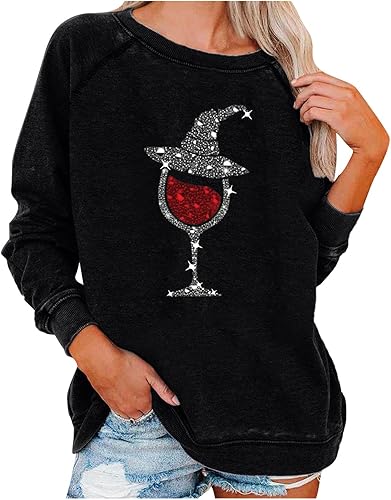 Camisetas para mujer, lindas copas de vino, sombrero de bruja, sudadera sin botones para Halloween, Navidad, divertida camiseta para amantes del vino
