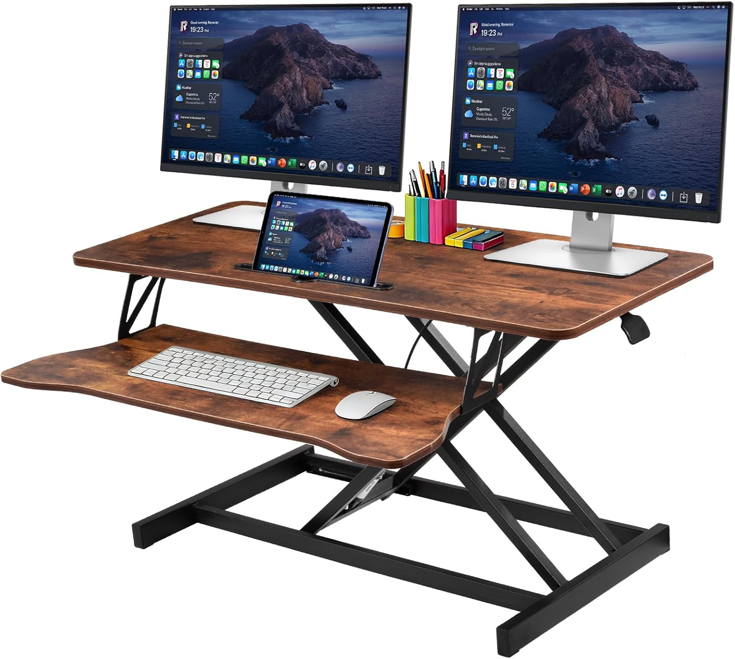 37 Inch Standing Desk Converter, Two Monitor Stable Stand up Desk Converter, 5.9" to18.8 Height Adjustable Laptop Workstation with Keyboard Tray For Home, Company(Tiger brown)