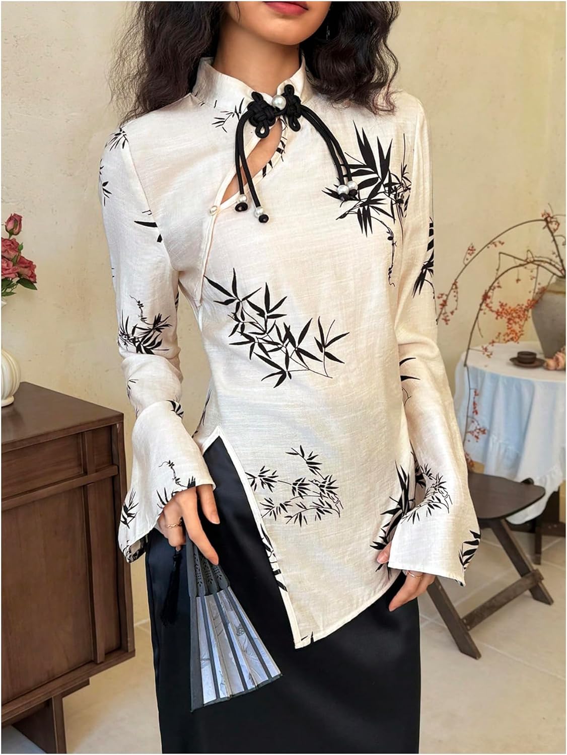 SweatyRocks Women's Chinese Cheongsam Top Floral Print Mock Neck Flare Long Sleeve Split Blouses - Image 4