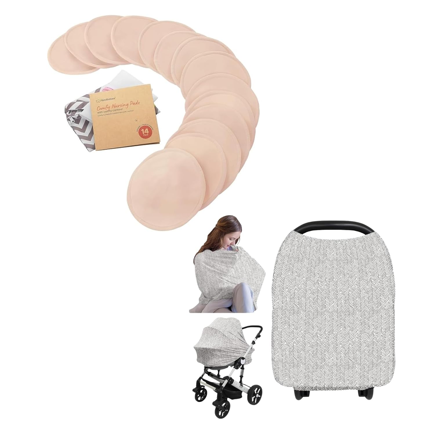 Keababies Reusable Nursing Pads and Baby Car Seat Cover - 14 Washable Breastfeeding Pads + Wash Bag - Car Seat Covers for Babies - Nursing Pads Breast Pads for Breastfeeding