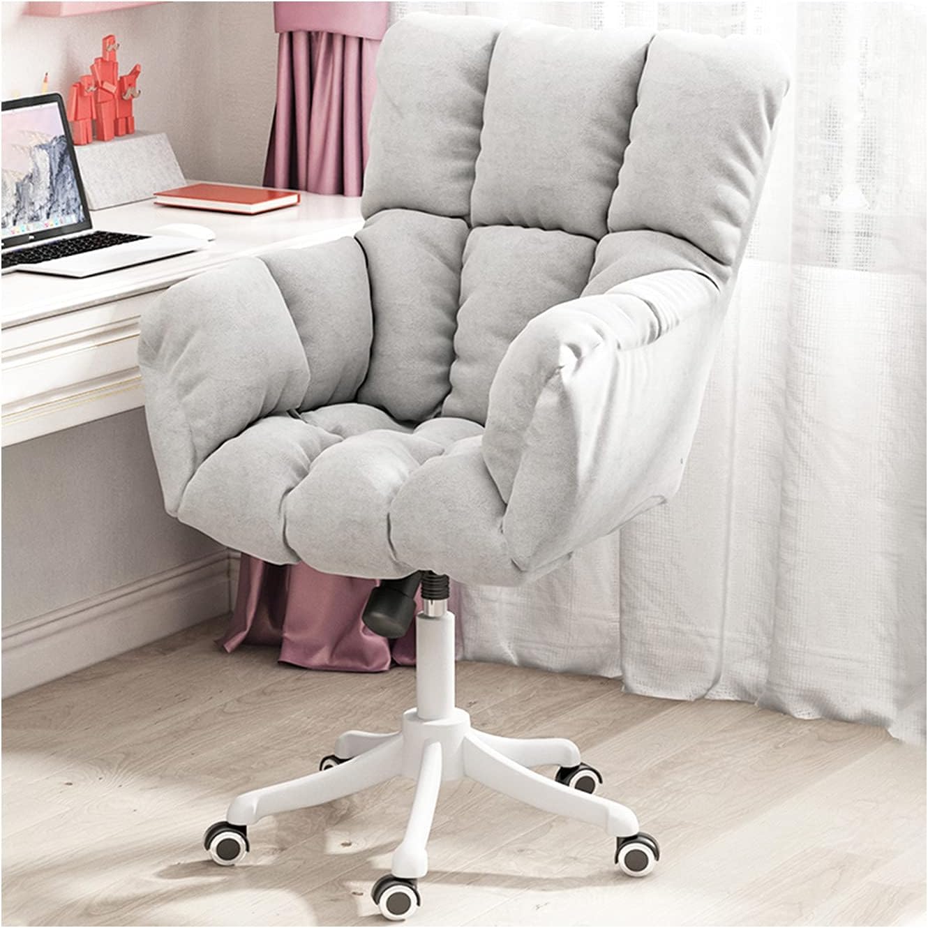 Chaise de bureau pivotante en lin beige avec dossier haut confortable