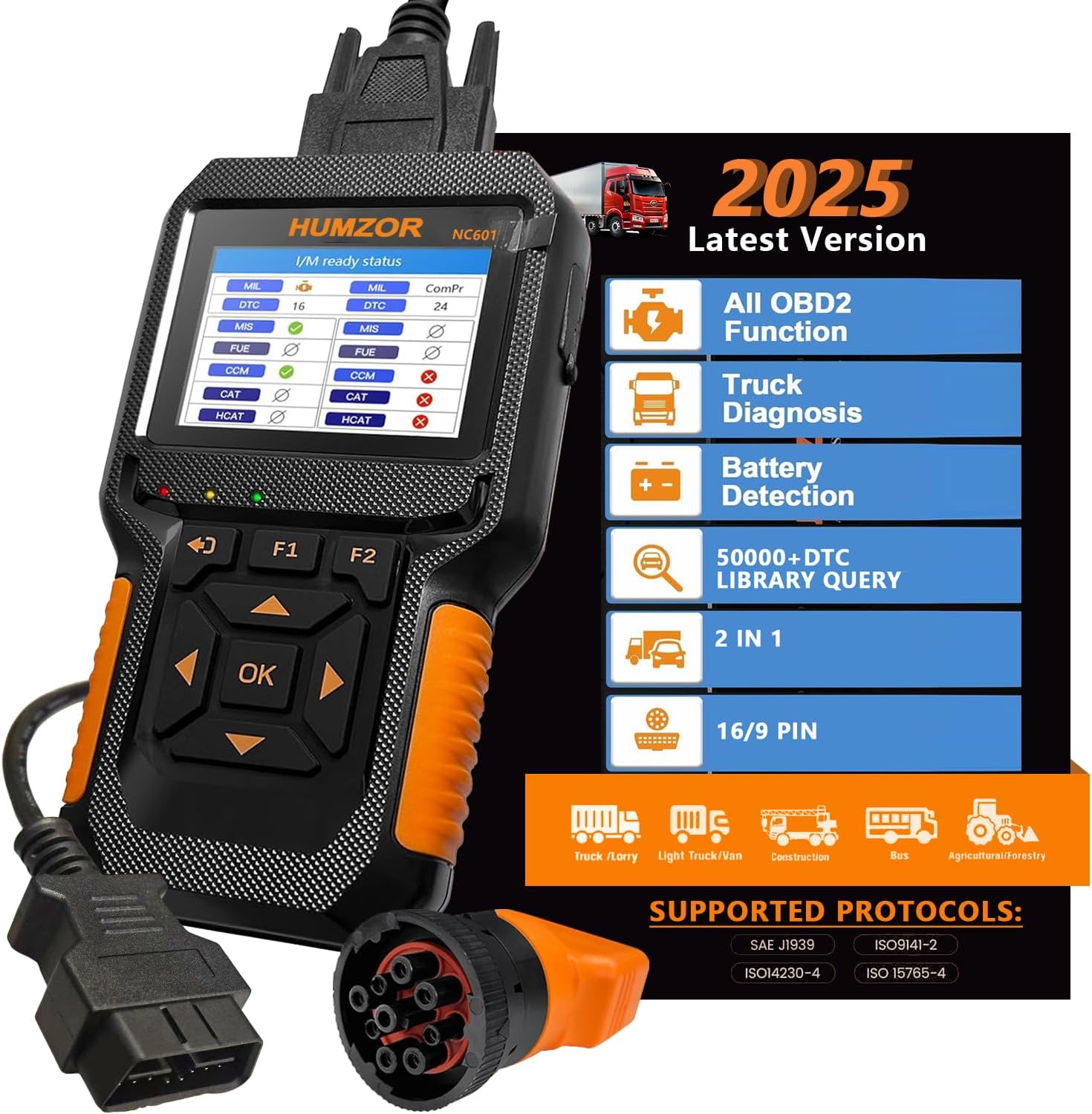 Heavy Duty Truck Scanner,Full System Diesel Diagnostic Scan Tool and Code Reader for Cummings, Detroit,Freightliner,International,Paccar,Check Truck Engine and Car 2 in 1 Code Reader/OBD2 Scanner