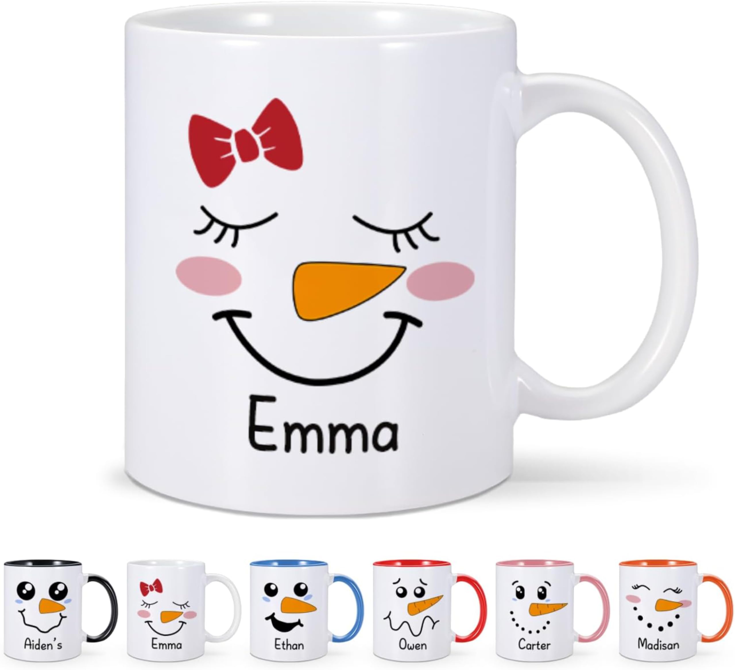 EKAM Personalised Christmas Mug - Add Your Name - with Cute Snowman Face with Red Bow Perfect Christmas Mug for Family, Friends, Mum, Dad, Kids and Girls, Tea Coffee Mug (11oz)