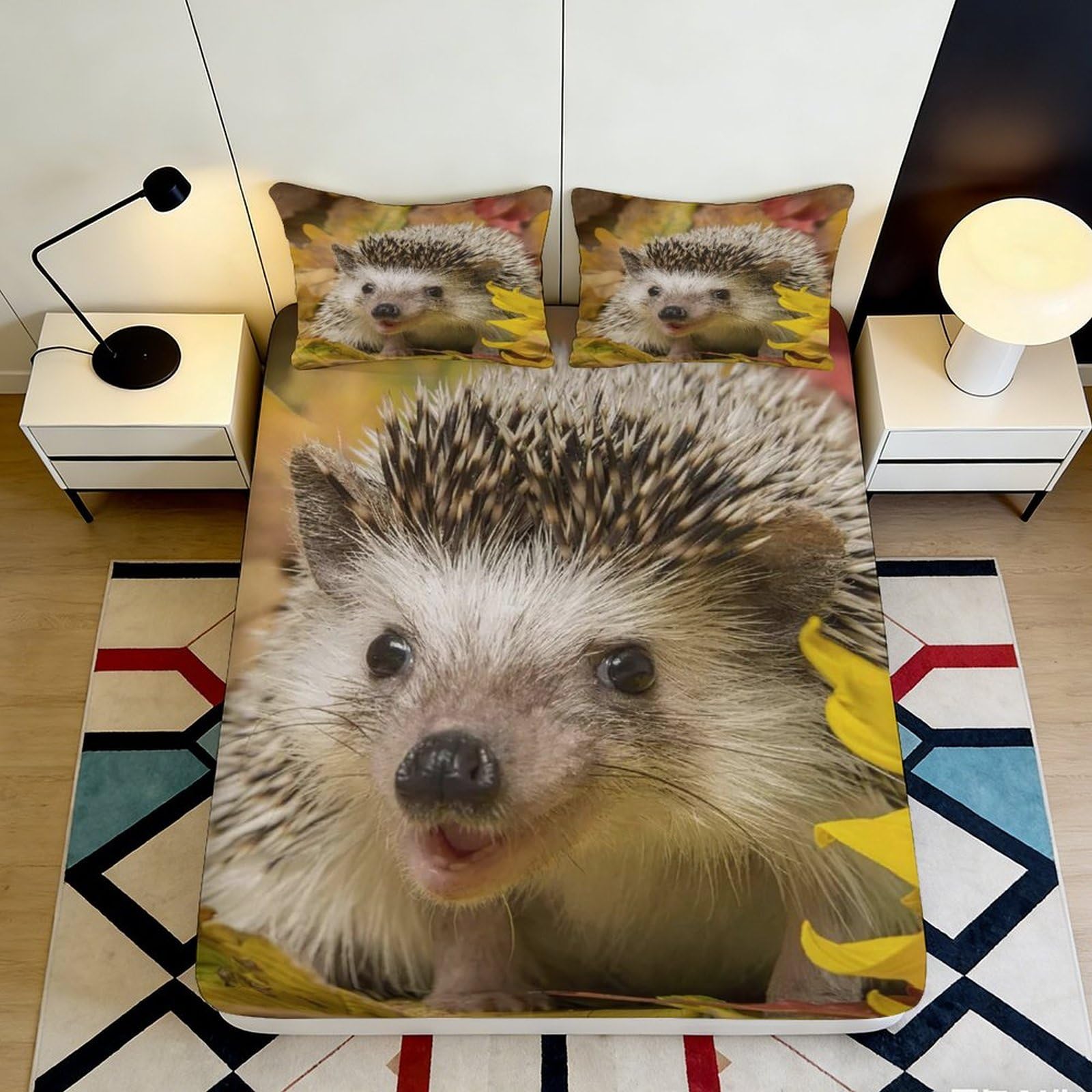 3D Printed Hedgehog Sunflower Fitted Sheet Microfiber Soft Mattress Cover, Animal Floral Bed Decor for Bedroom Guest Room 90x200x25cm