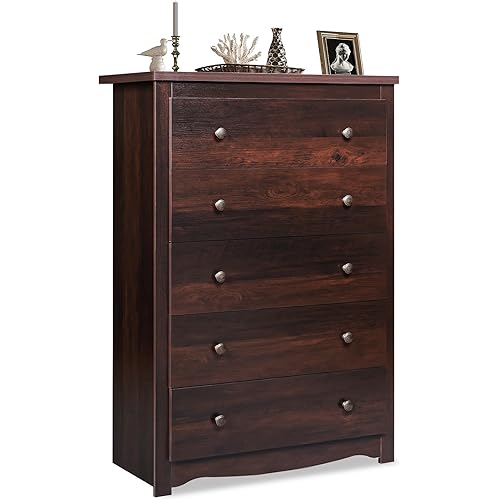 WLIVE Wood Dresser with 5 Drawer, Cabinets Dressers for Bedroom, Chest of Drawers, Organizer Drawers for Living, Hallway, Measuring 15.7" W*31.4" D*45.3" H, Brown