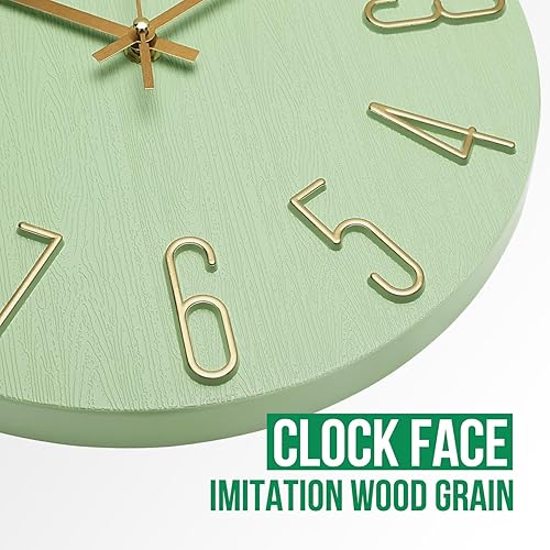 Miniatura 4 de Reloj de pared de 12 pulgadas, silencioso, sin tictac, de madera de imitación, reloj redondo verde, decoración moderna, figuras 3D, relojes de pared